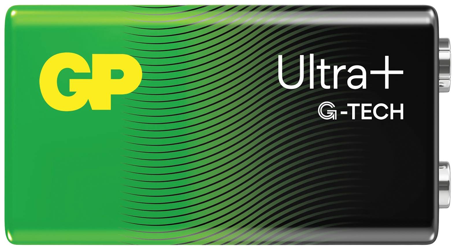 'GP Ultra+ G-TECH' Battery, green and black design with yellow GP logo. 9V battery for various electronic devices.