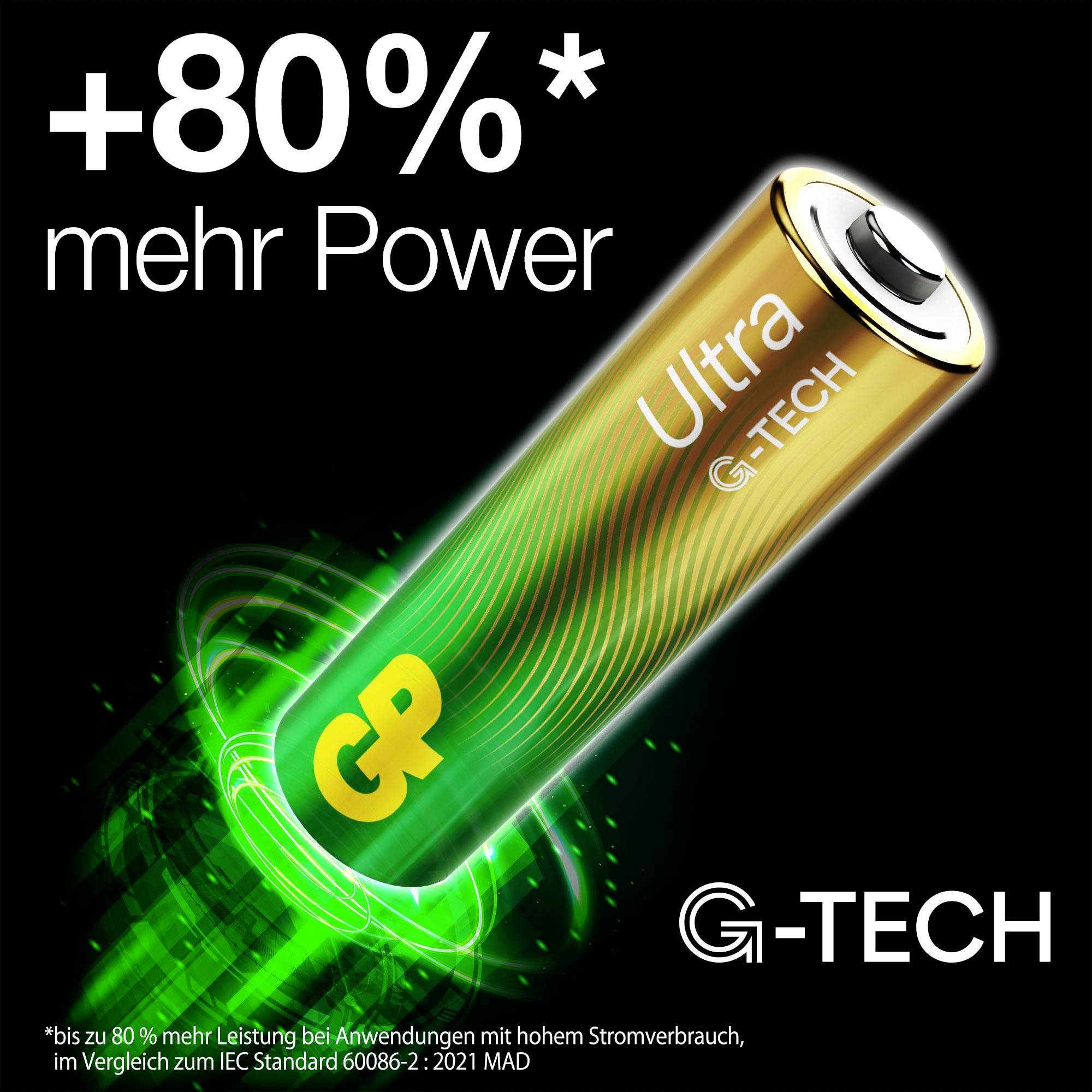 Advertisement for G-TECH Ultra Battery: AA cell with imprint 'Ultra' and 'G-TECH', plus text '+80% more power' and indication of up to 80% greater performance.