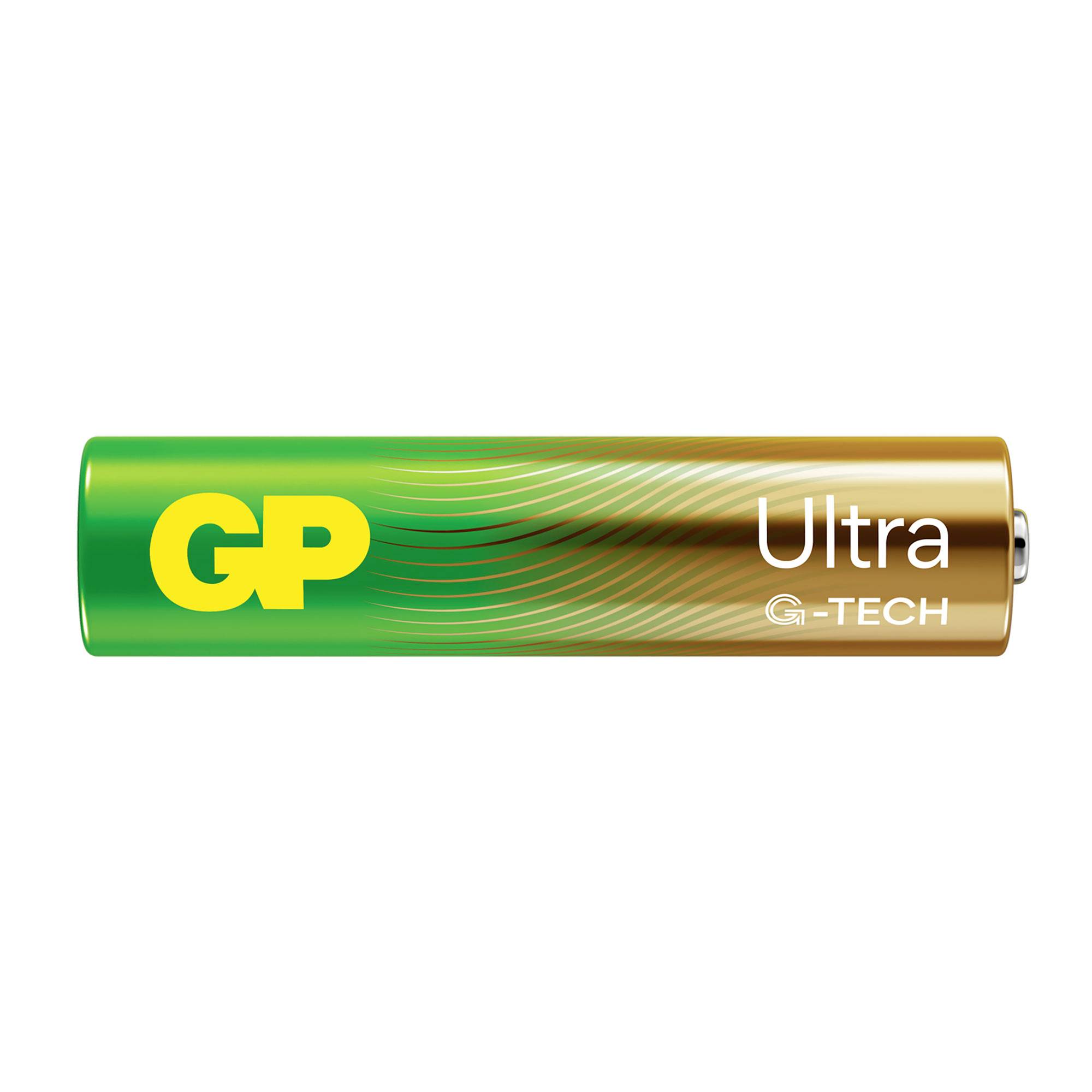 A green GP Ultra G-TECH battery with yellow logo and gold positive terminal.