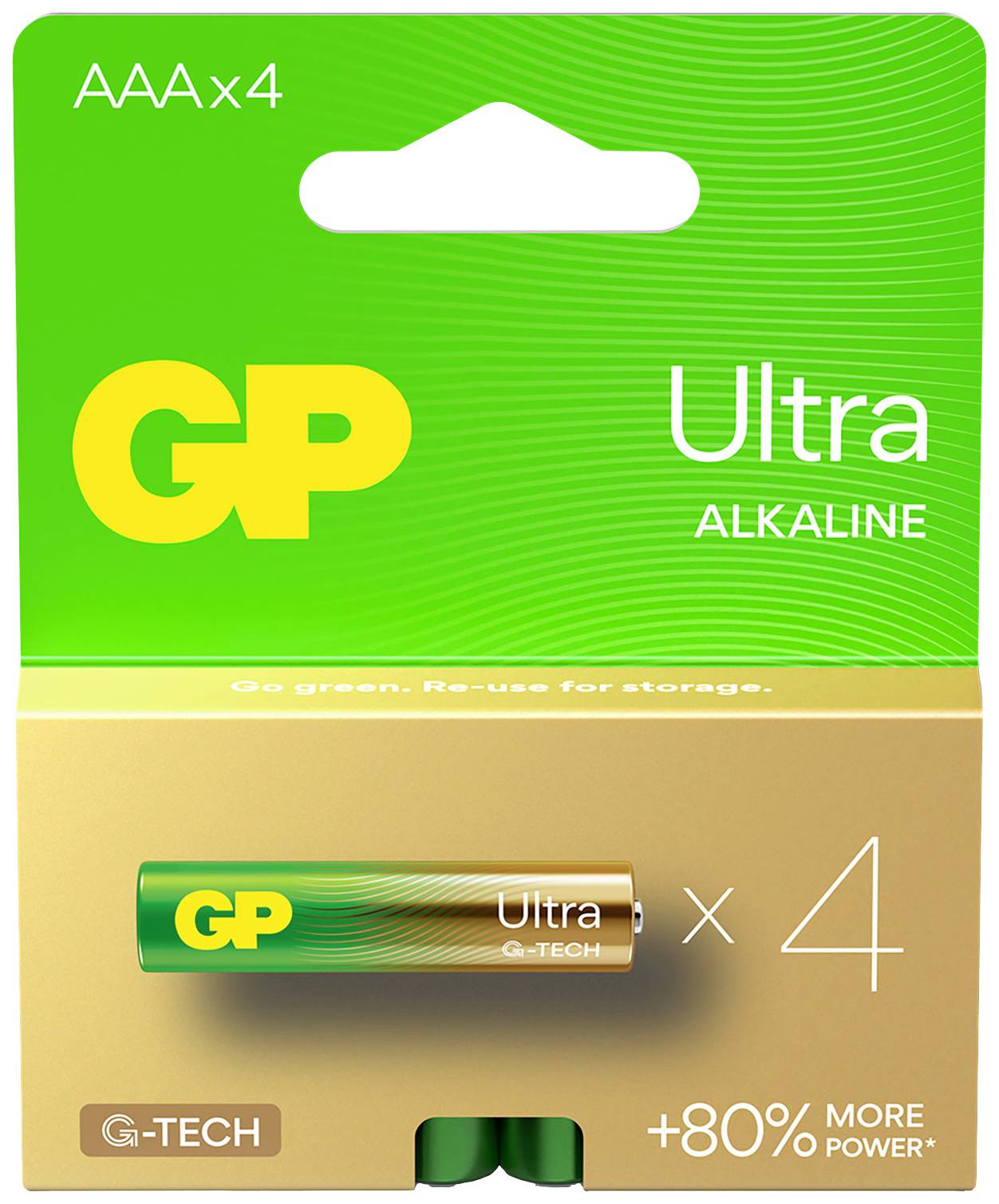 Packaging for GP Ultra Alkaline AAA Batteries, 4-pack, with +80% more power and G-TECH labelling.