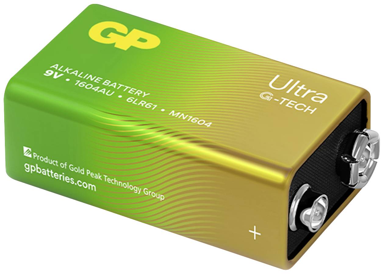 GP Ultra Alkaline Battery, 9V, Type 1604AU, G-TECH. Suitable for high-performance applications.