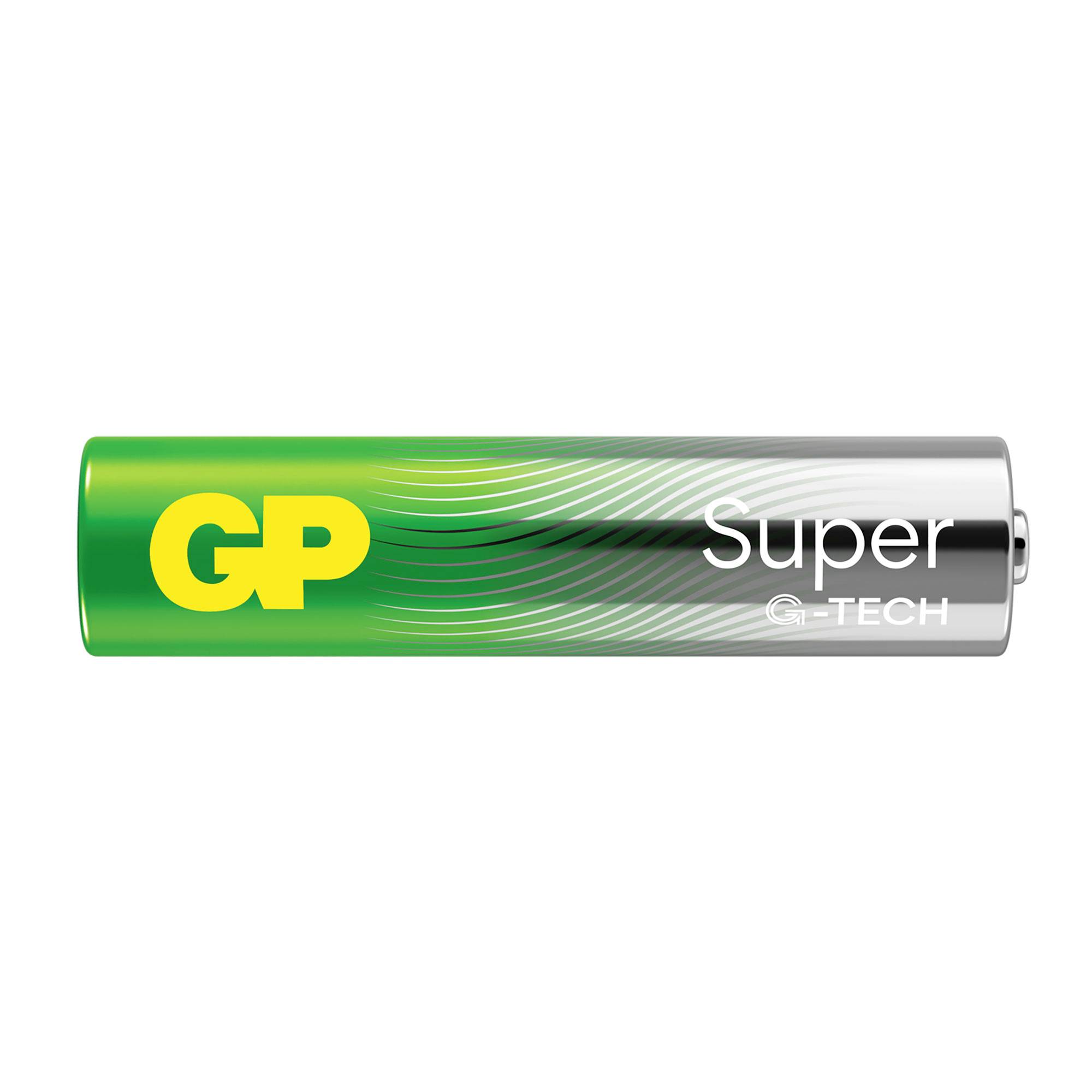 GP Super G-Tech AA Battery in green and silver packaging with product logo and 'Super G-Tech' lettering.
