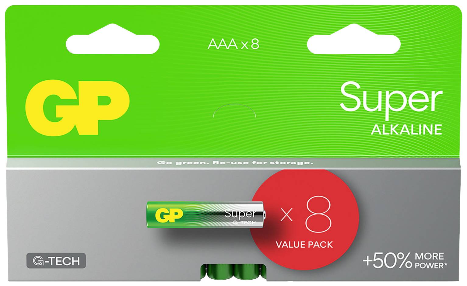 Packaging with GP Super Alkaline AAA batteries, 8-pack; imprint 'x8', 'VALUE PACK' and '+50% MORE POWER'.