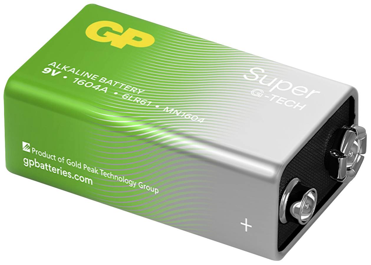 Alkaline 9V battery by GP with green and silver packaging. Label reads: 'Super G-Tech'. Positive and negative terminals visible.