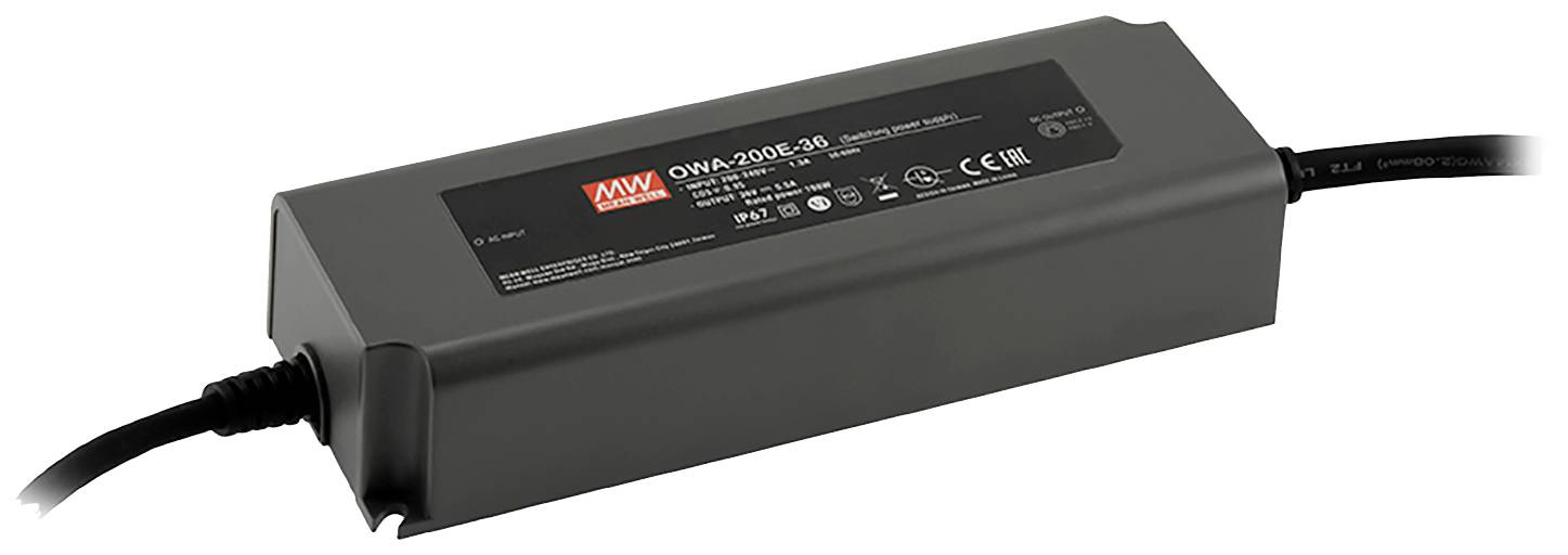 A grey power supply from MEAN WELL with model number 'OWA-200L-36', CE and TUV certified, is lying horizontally with cable connections at both ends.