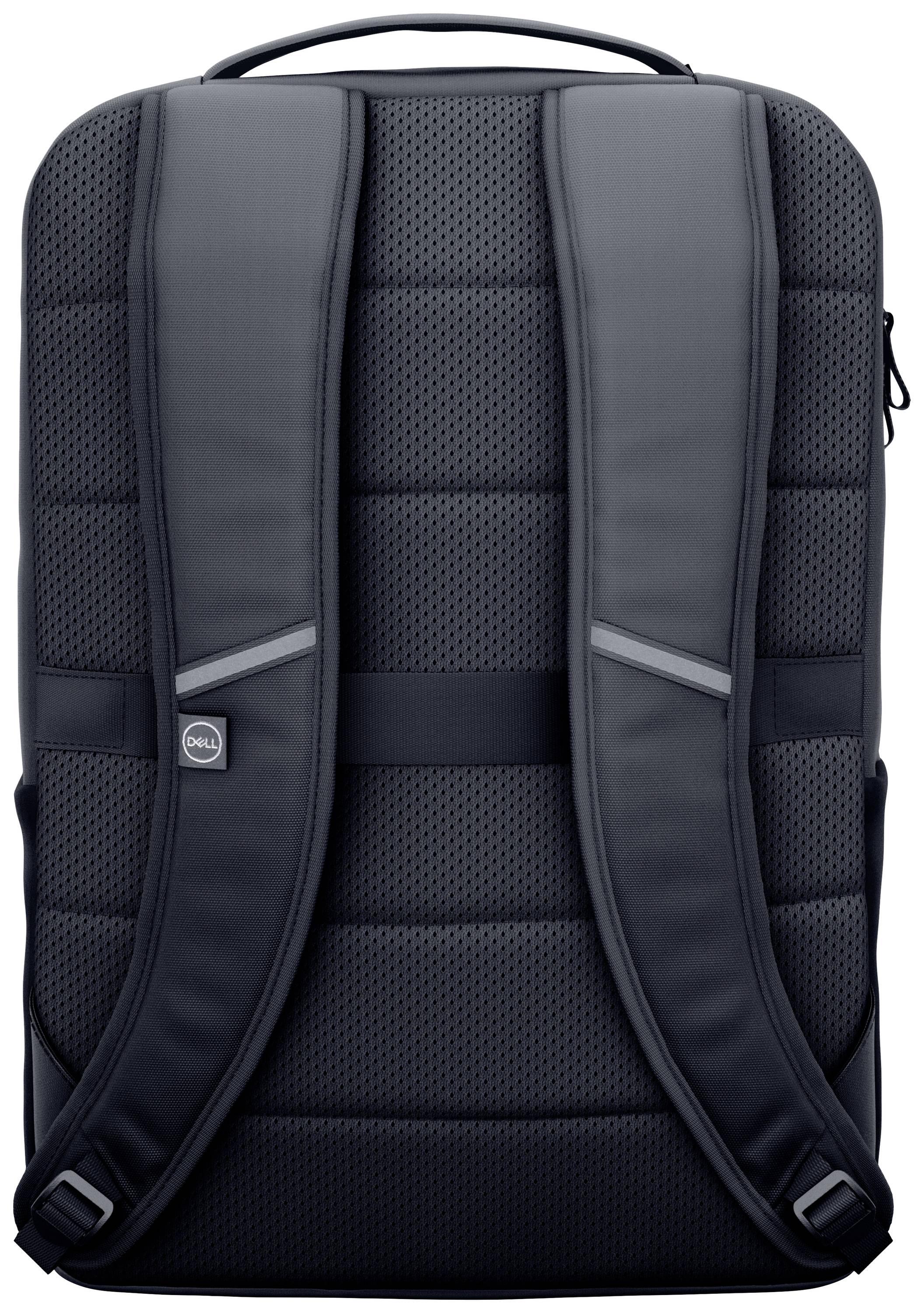 A black rucksack is shown from behind, with two padded shoulder straps and a handle at the top.