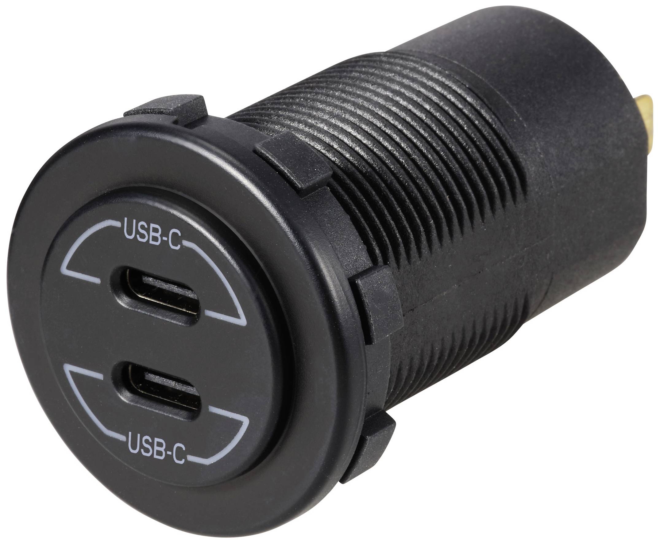 Cylindrical black socket with two USB-C ports, suitable for electronic devices.