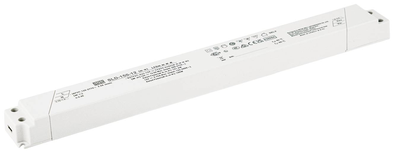 A rectangular LED power supply with labels and technical markings on the top surface, for powering LED lighting fixtures.
