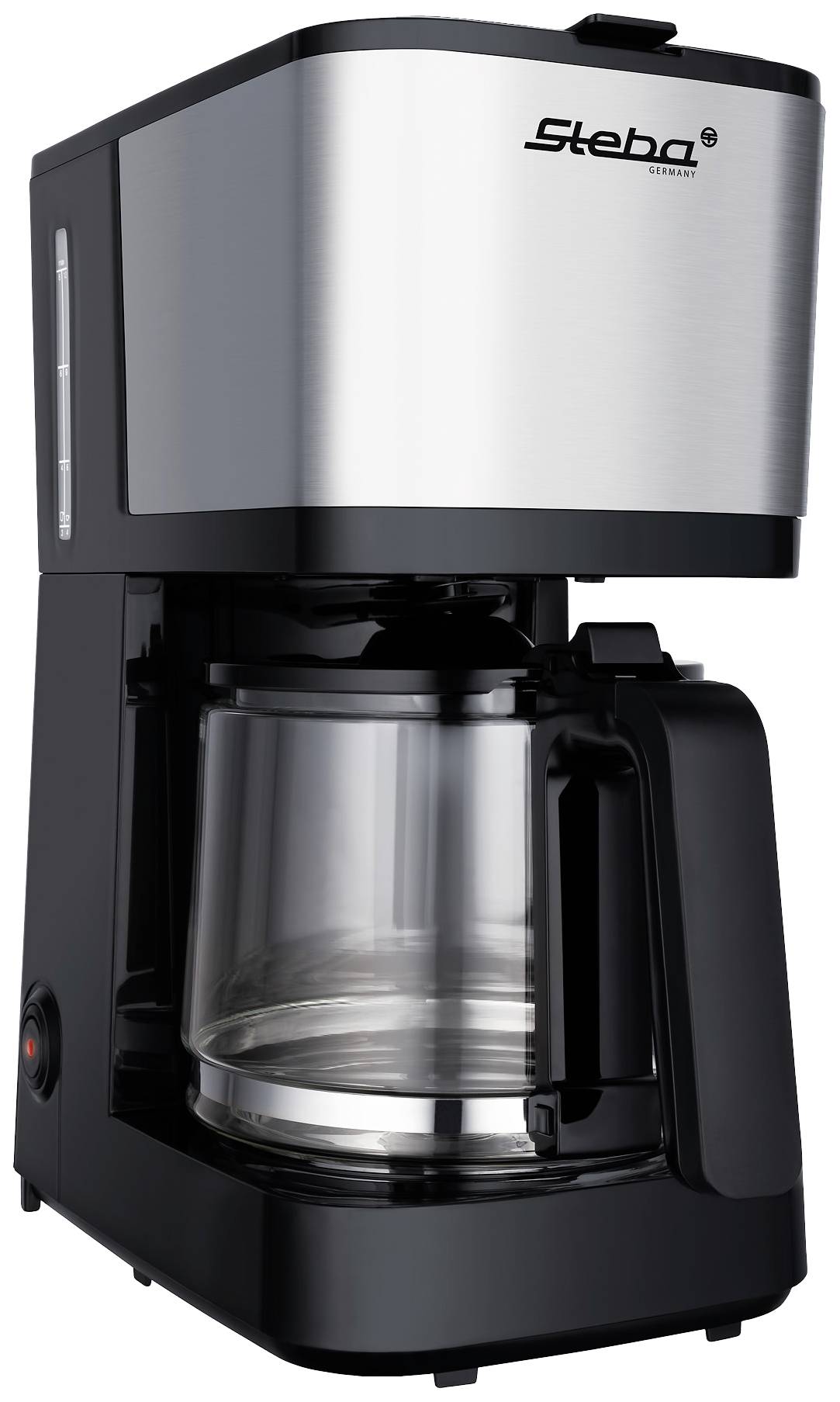 A black filter coffee machine with a glass carafe and stainless steel surface.