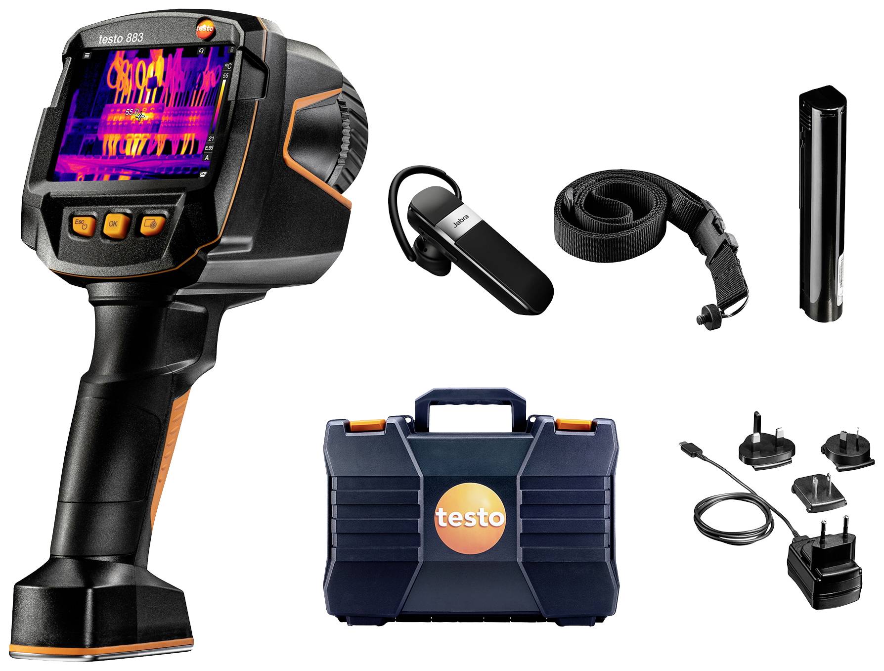 Thermal imaging camera with accessories: Screen displays colourful temperature distribution. Includes case, mount, charger and cables.