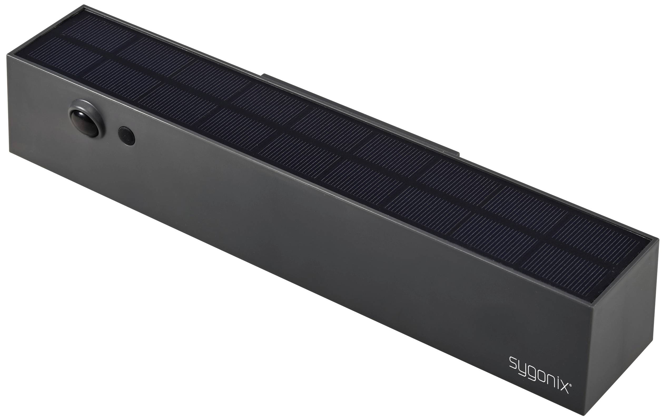 'Black solar surveillance camera with rectangular solar panel on the top and camera lens on the front. Inscription reads 'sygonix'.'