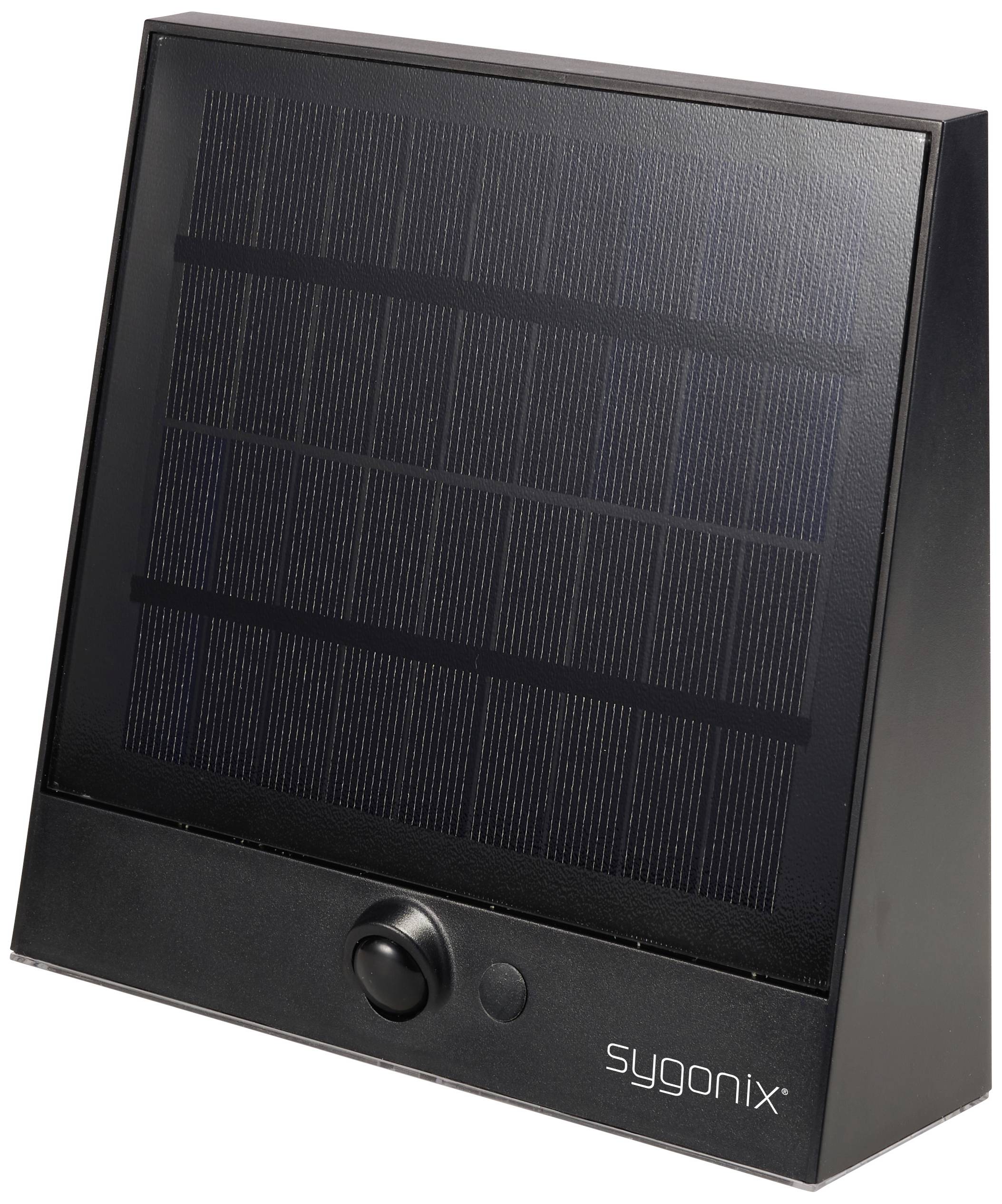 Solar-powered outdoor light with rectangular solar panel and motion sensor. Brand 'sygonix'.