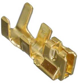 A close-up of a gold-colored electrical connector terminal with three prongs, used for attaching wires in a circuit.