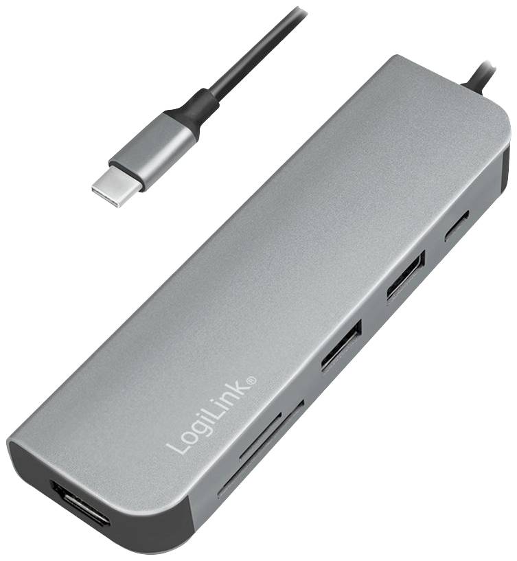 A silver USB-C hub with multiple ports, including USB-A and HDMI, by LogiLink. Perfect for expanded device connectivity.
