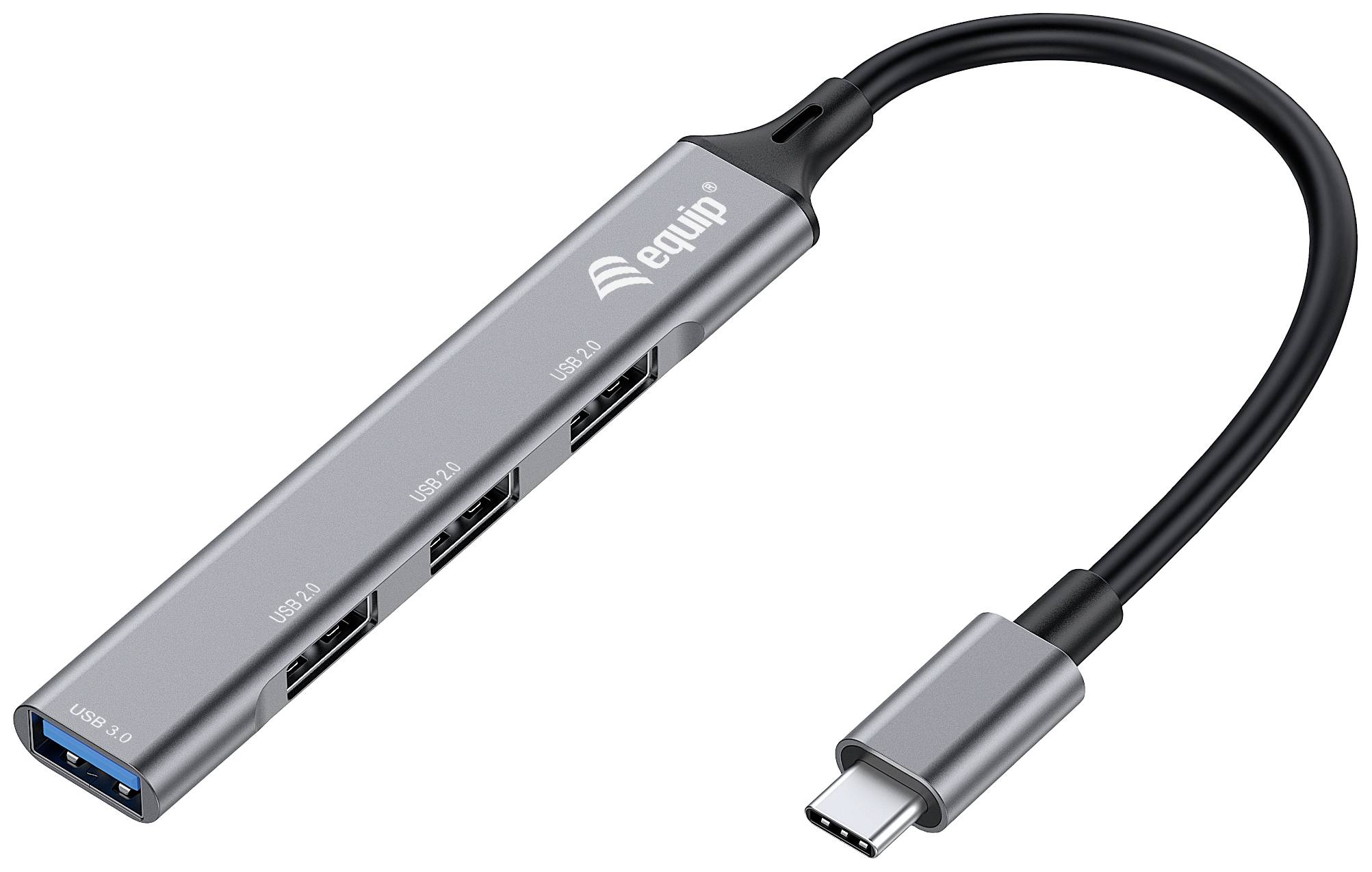 USB-C Hub with Four Ports: One USB 3.0 and Three USB 2.0. Sleek Design, Connects USB-C Devices with Multiple USB Devices.