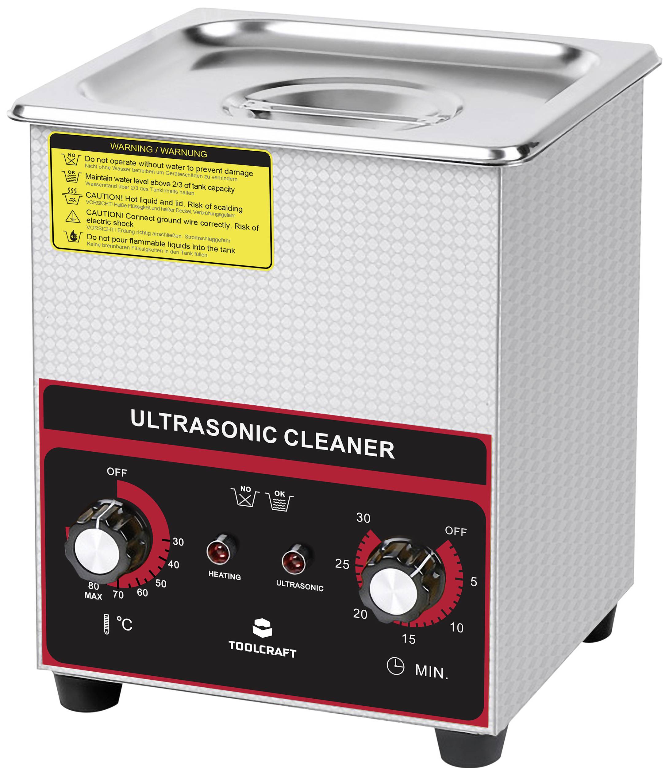 Ultrasonic cleaner with temperature and time settings, yellow warning label at the top. Designed for cleaning small objects.