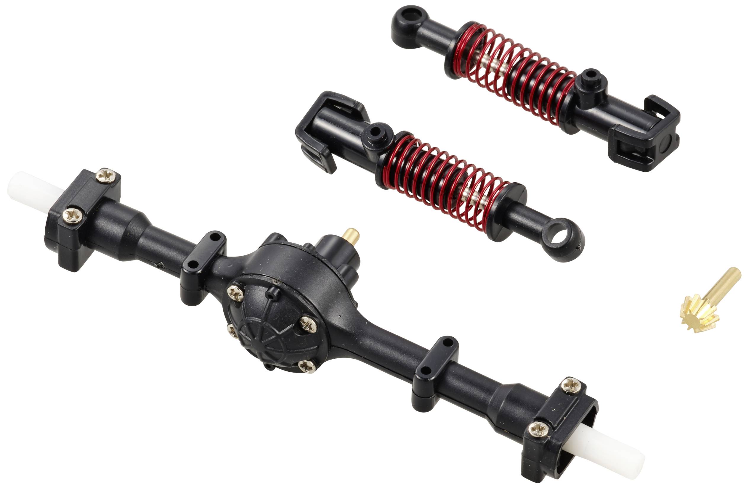 A model car chassis with suspension components and pins; includes an axle and two shock absorbers.