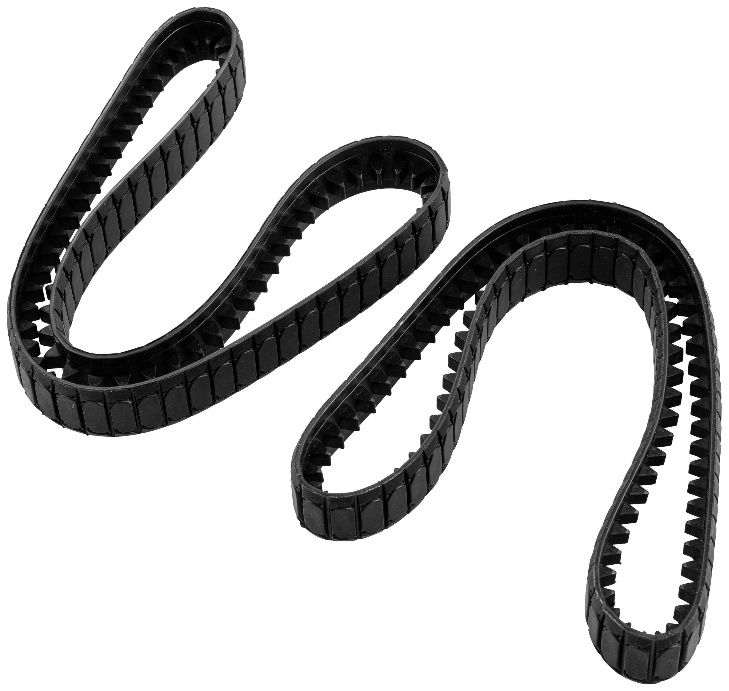 Two black rubber tooth belts in a curved form on a white background. They display the teeth, which can be used for drive systems.