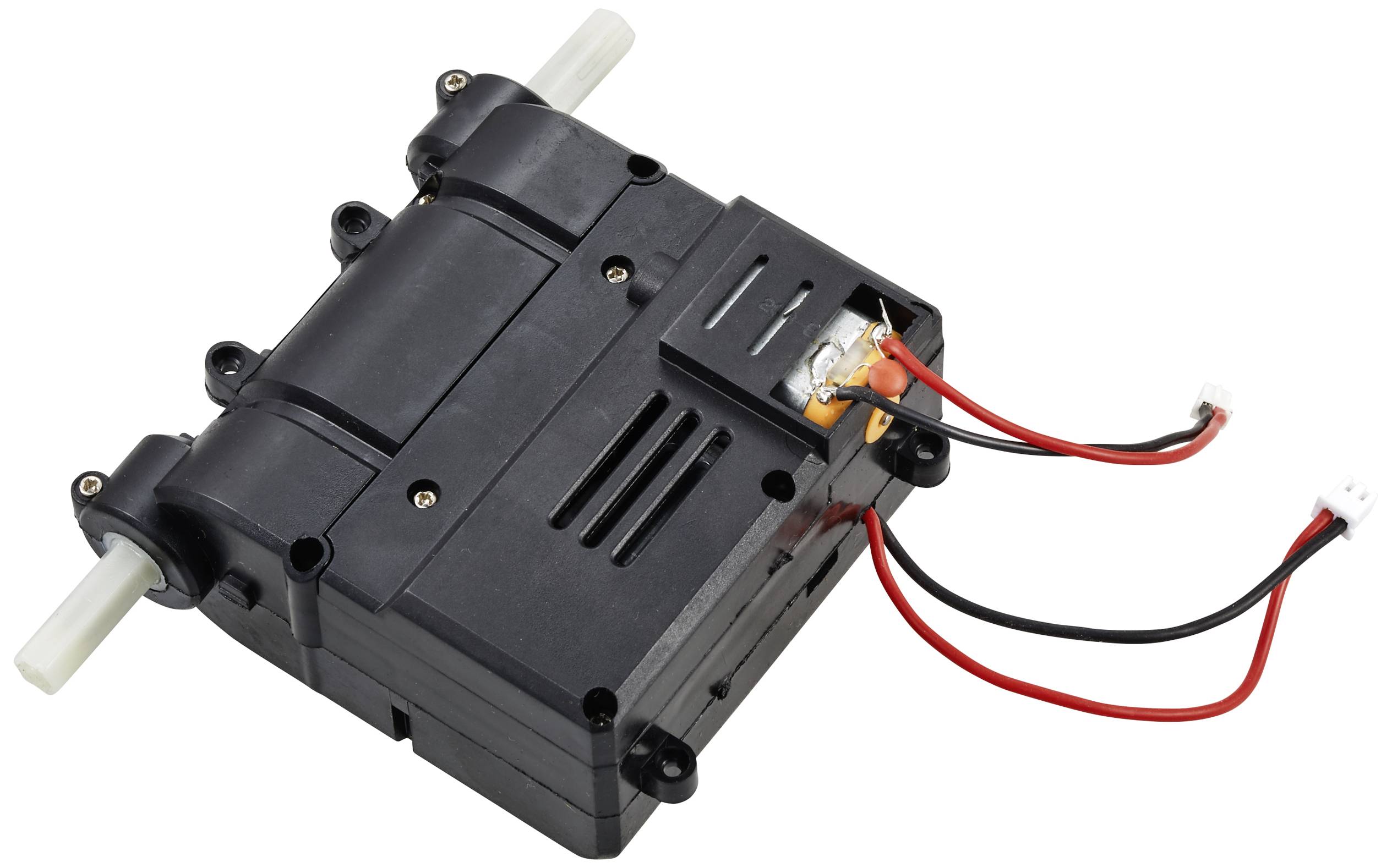 A black electric geared motor with cables and connectors. It has two axes and is intended for mechanical applications.