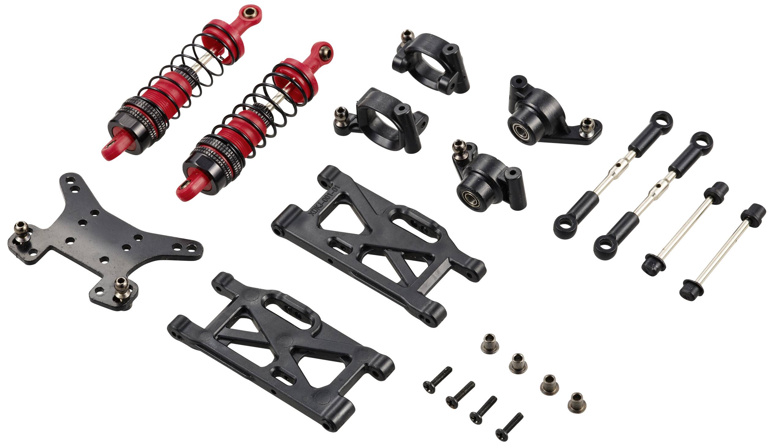 Components of a model car suspension system, including shock absorbers, wishbones, and bolts, on a white background.
