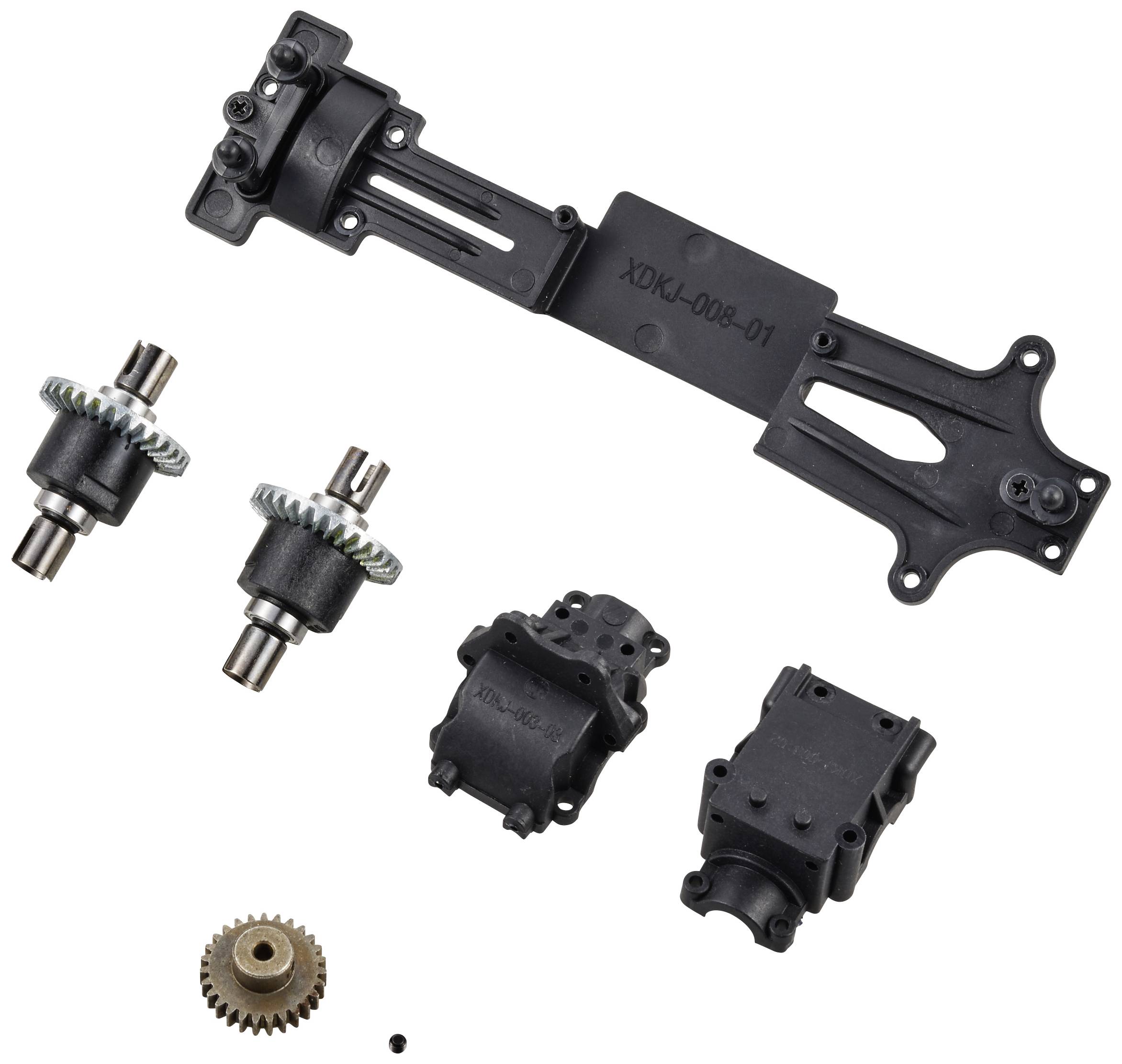 Various metal and plastic components laid out in a flat arrangement, possibly parts of a mechanical or electronic device.