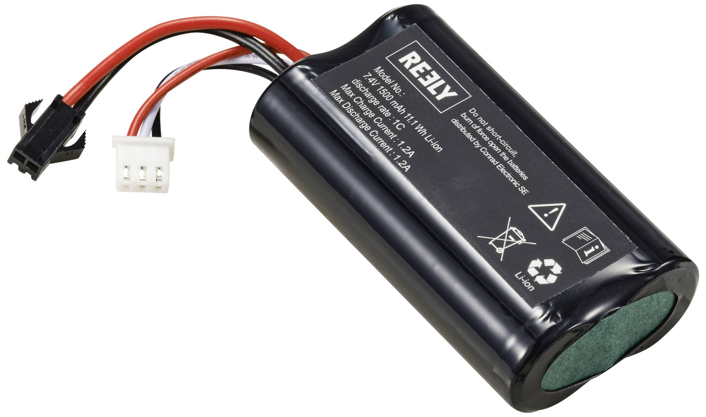 Black lithium-ion battery with cables and connectors on the left side. Label with technical specifications and symbols visible.
