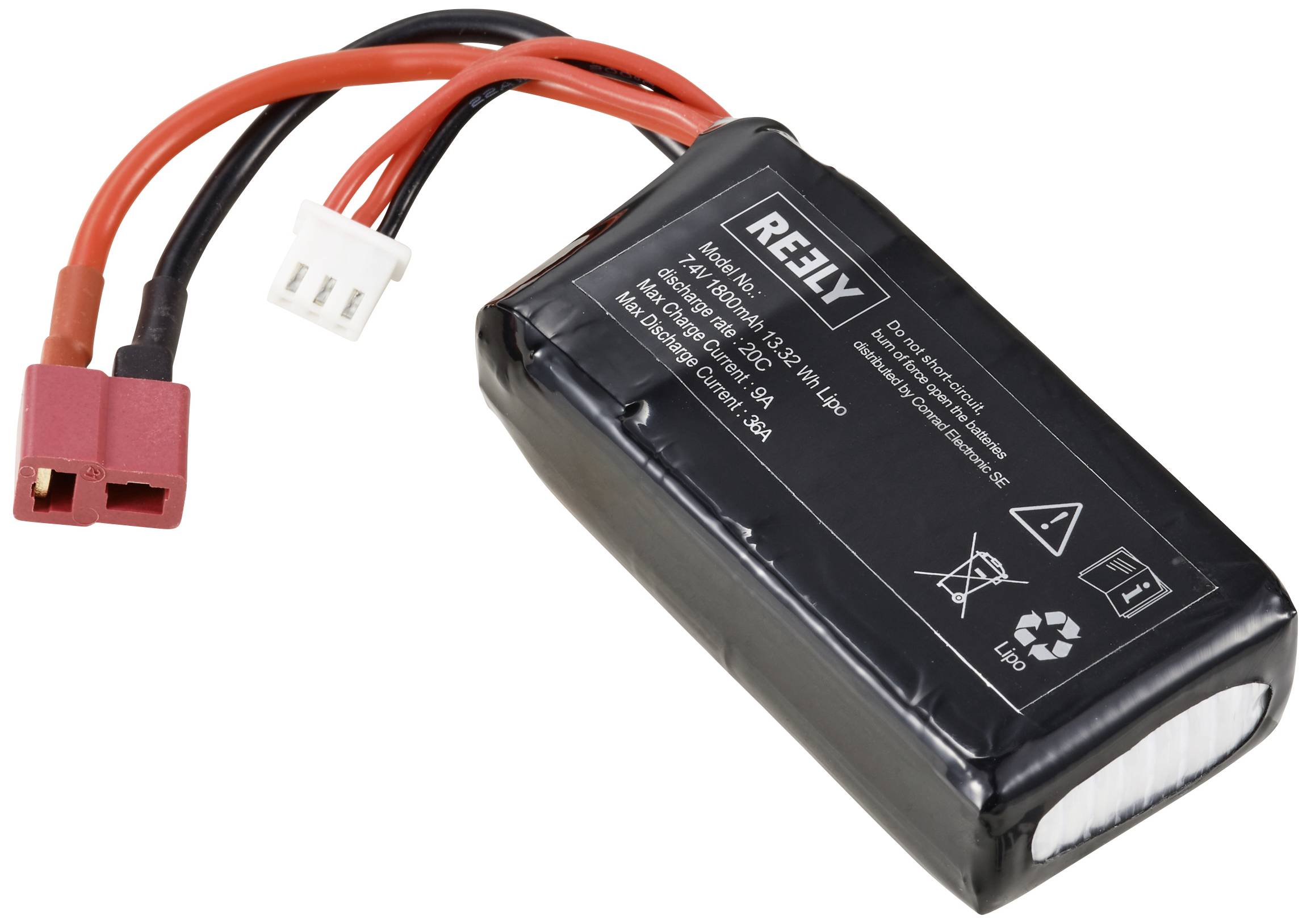Black Reely Lithium Polymer battery with red and black cables and connector plugs. Models: 7.4 V, 1300 mAh, 30 C.