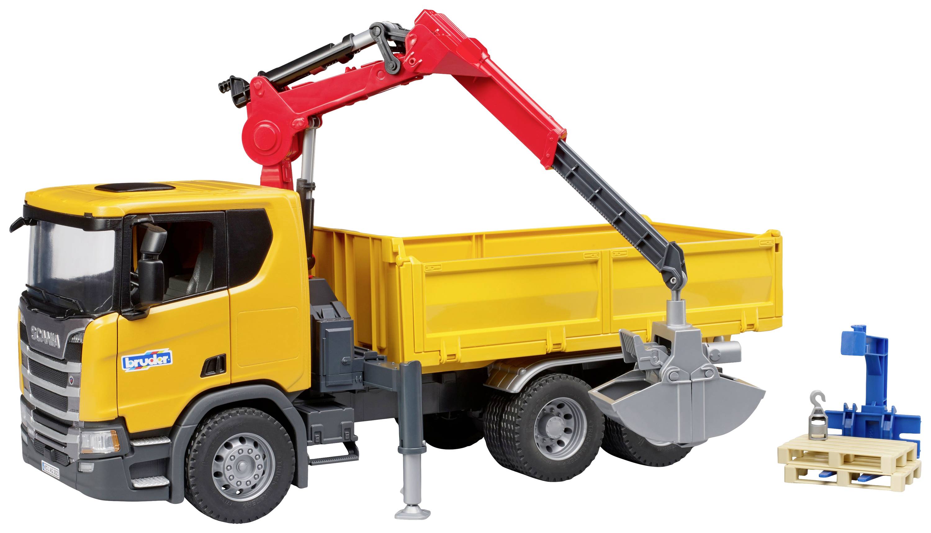 Toy lorry with a yellow loading bed and red crane arm. Beside it, a small blue machine and a pallet.