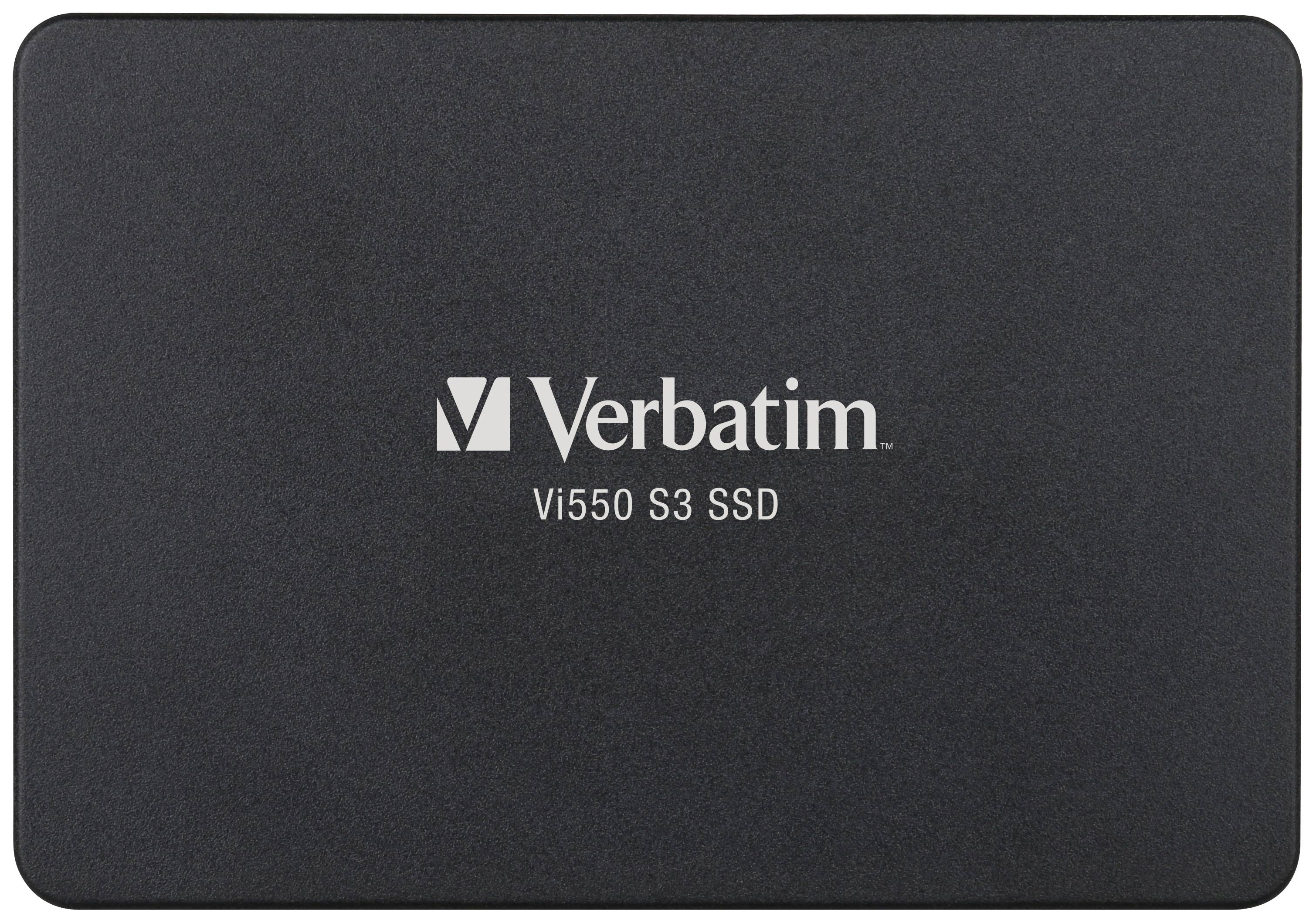 External SSD by Verbatim, Model Vi550 S3, pictured on a black enclosure.