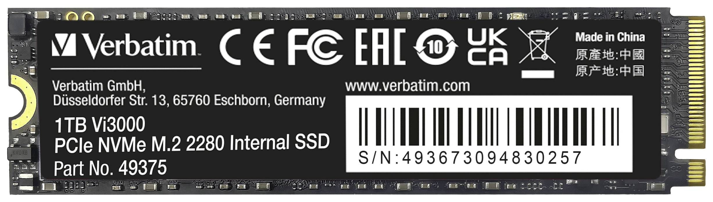 Internal SSD from Verbatim, 1 TB, PCIe NVMe M.2 2280. Model VI3000, Serial number: 4936753094830257, manufactured in China.