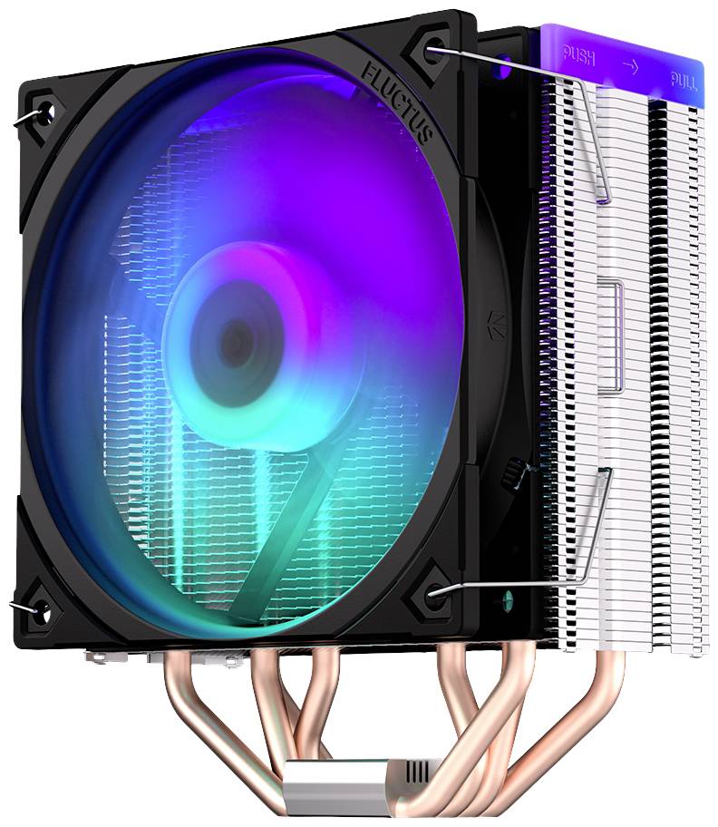 An RGB CPU cooler with a large fan and copper heat pipes, designed for effective heat dissipation in computers.