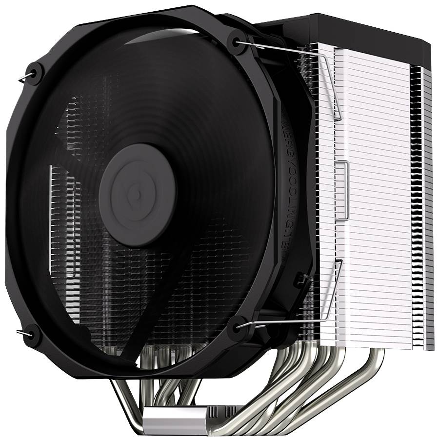 Black computer fan with a silver heatsink and multiple heat pipes, designed for cooling computer processors.
