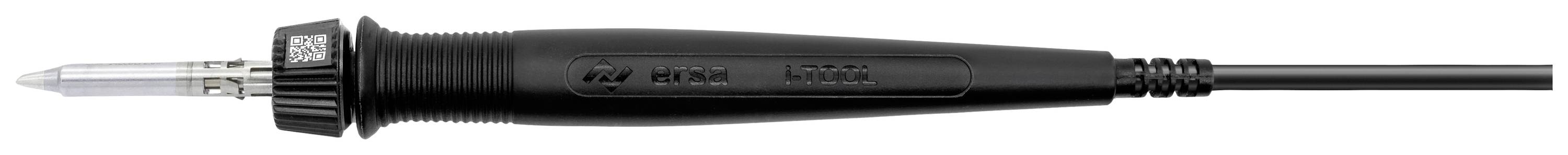 A black soldering iron with a metal tip and a cable for connecting to a power source.