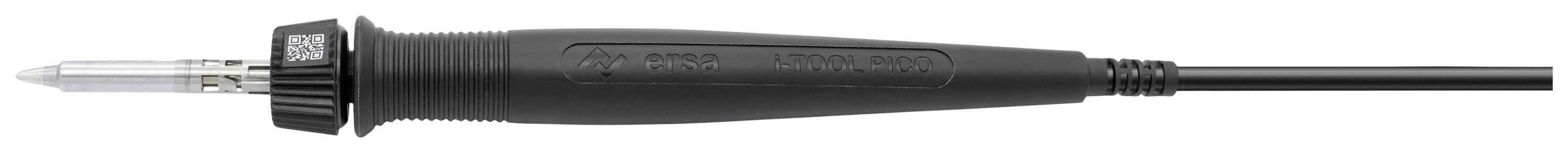 Soldering iron tip in the image; black handle with cable connection and metal tip; used for electronics and repair work.