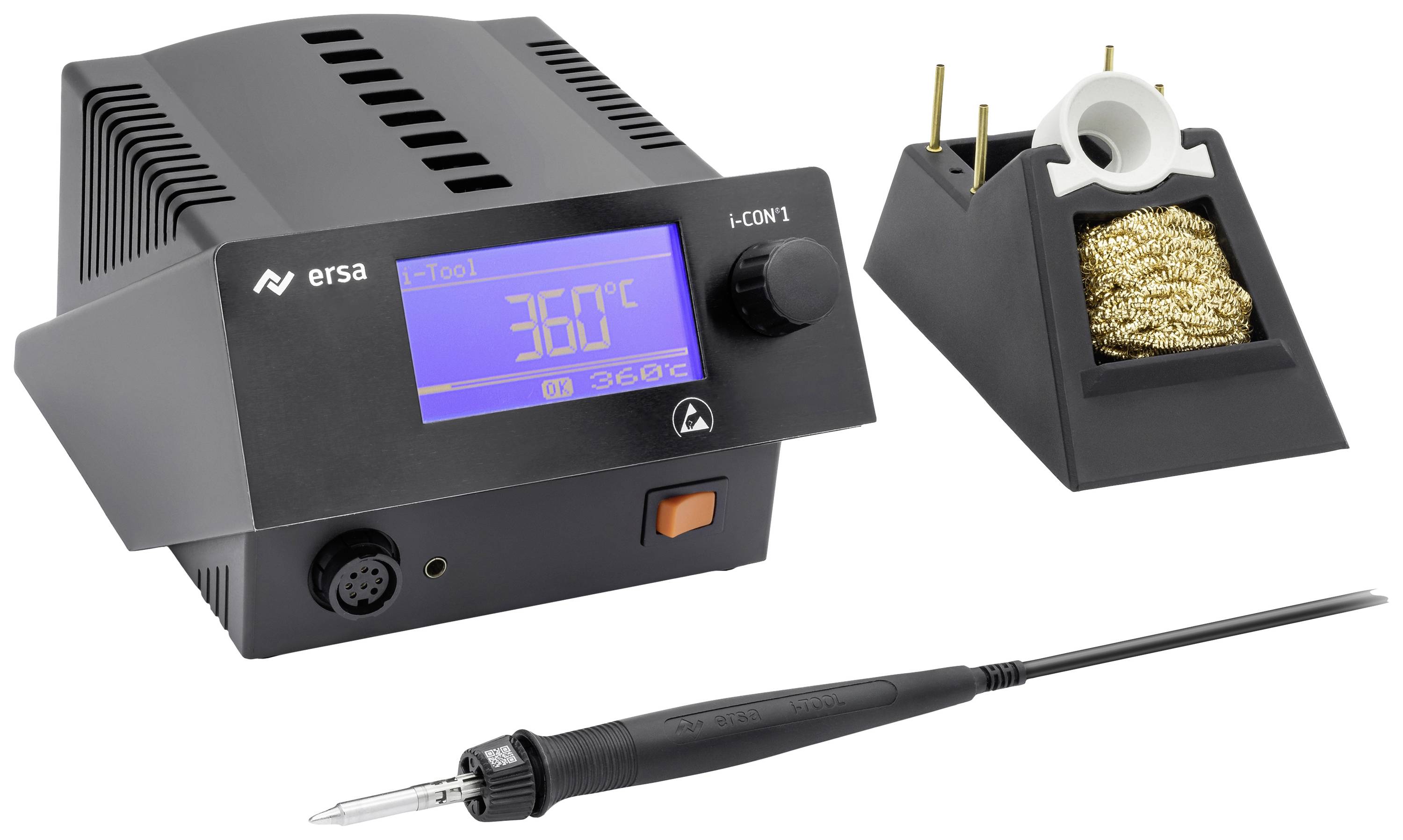 Soldering station with digital display showing '360°C'. Includes soldering tip, stand with solder wool, and temperature control.