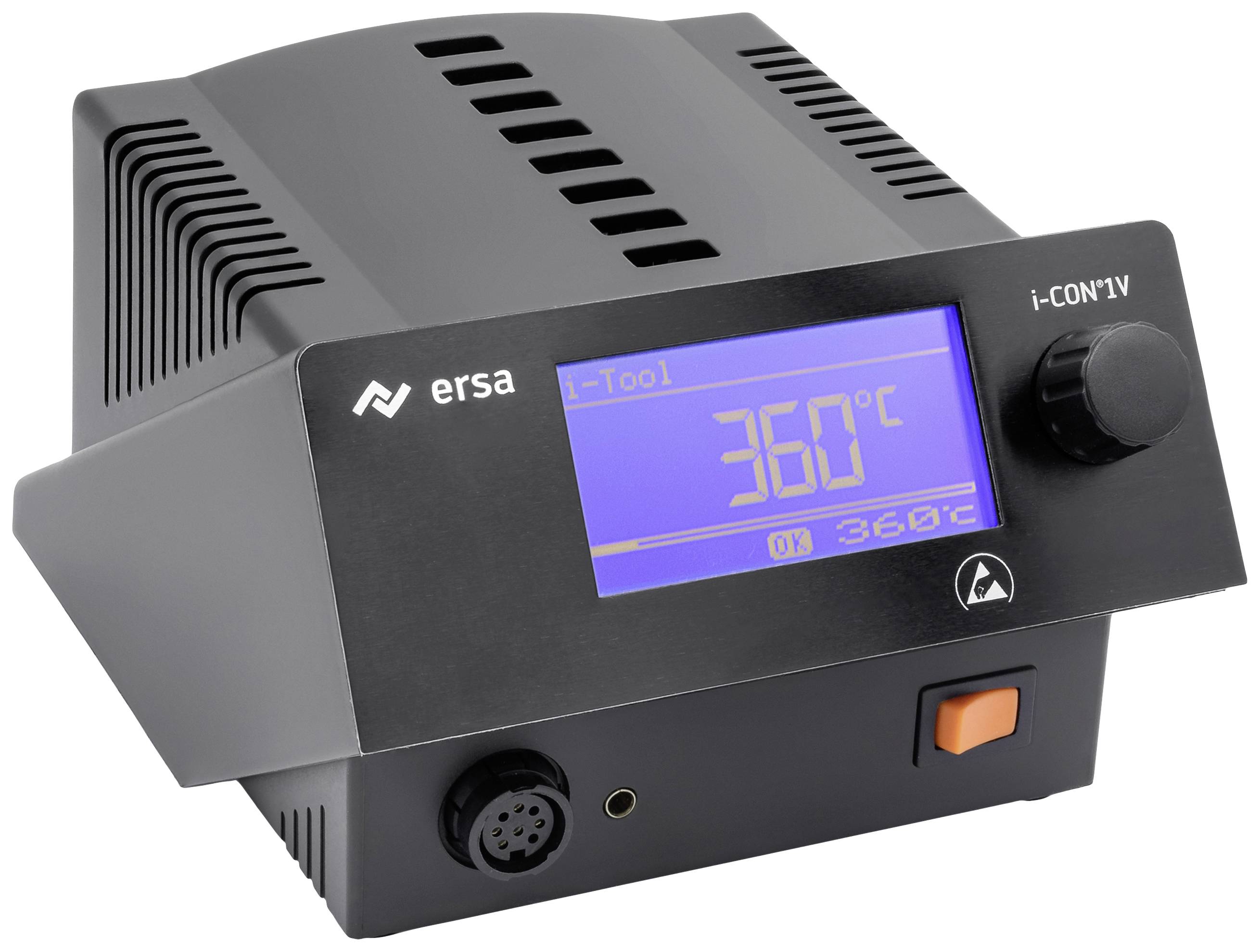 A soldering station with a digital display shows 360°C. It has a control wheel for temperature adjustment and an output socket for the soldering iron.