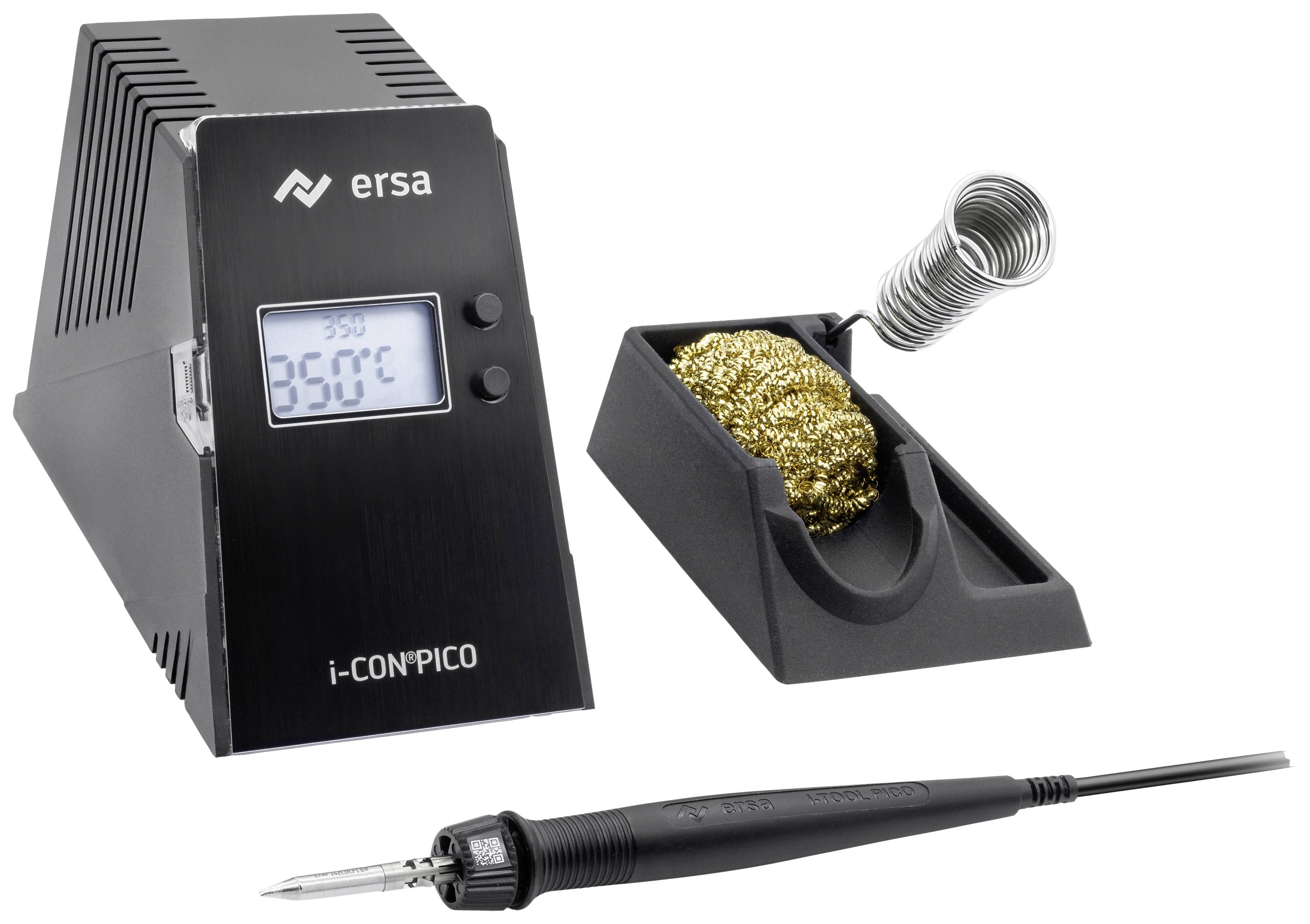 Soldering station with display and temperature indication of 350°C, soldering tip, stand, and solder wool for precise soldering.