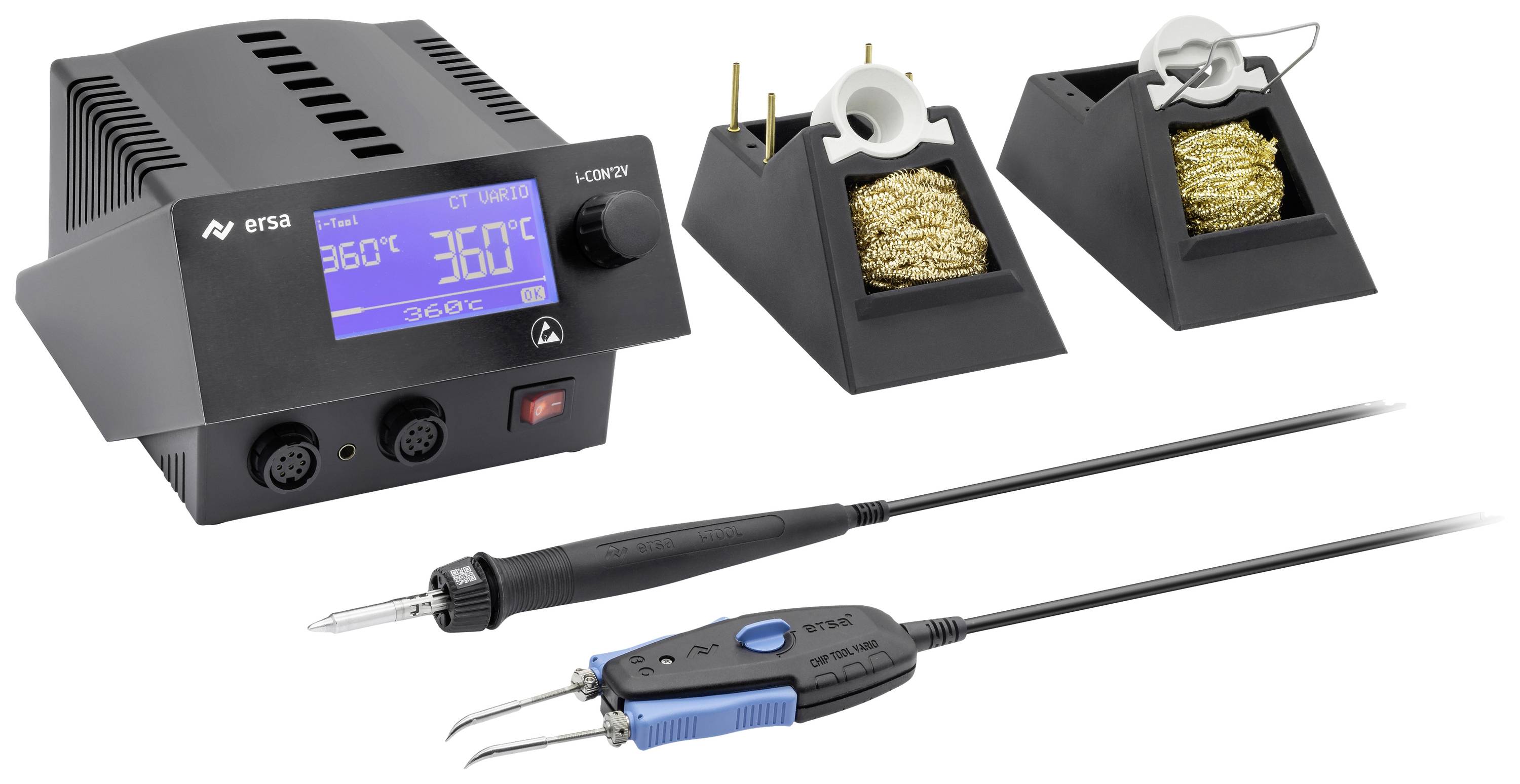 Soldering station with digital display showing '360°C'. Next to two holders for soldering tips, a soldering iron and a pair of tweezers with cables.