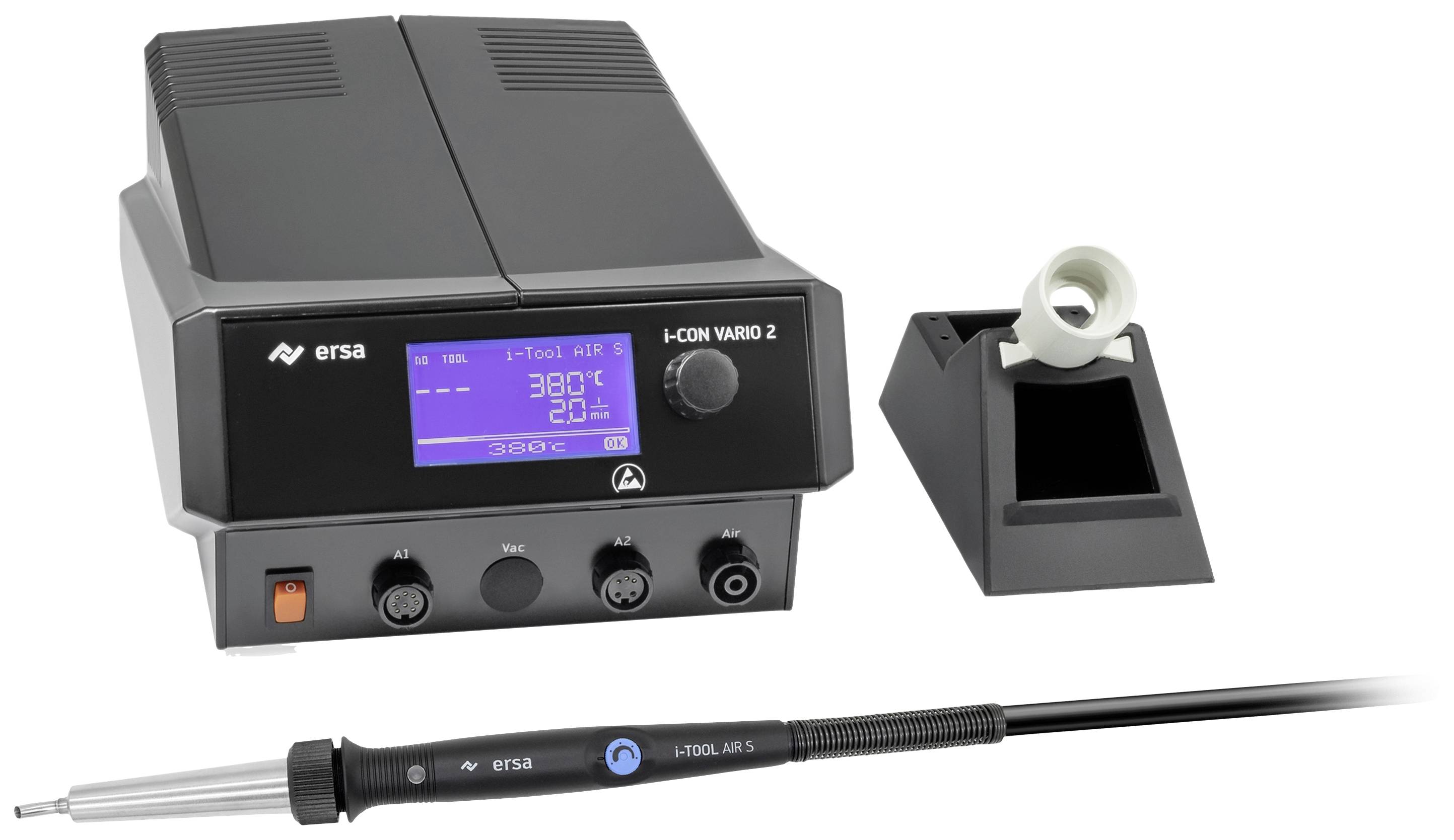Soldering station with digital display, showing '380°C'. Includes soldering iron and stand, branded with 'ersa' and model 'i-CON VARIO 2'.