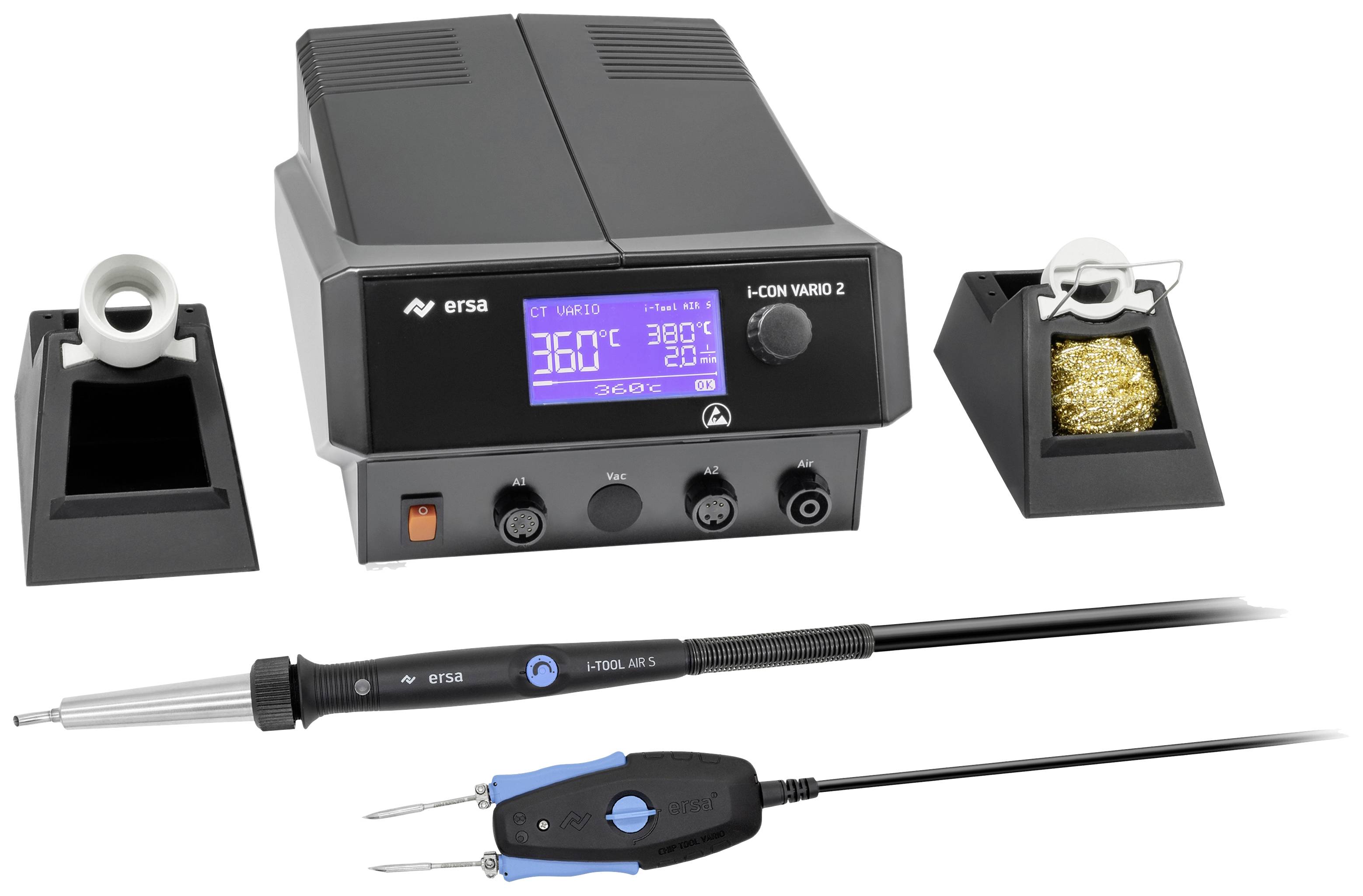 Soldering station with control unit, two holders for soldering tips, soldering iron and tweezers. Display shows temperature of 360°C.