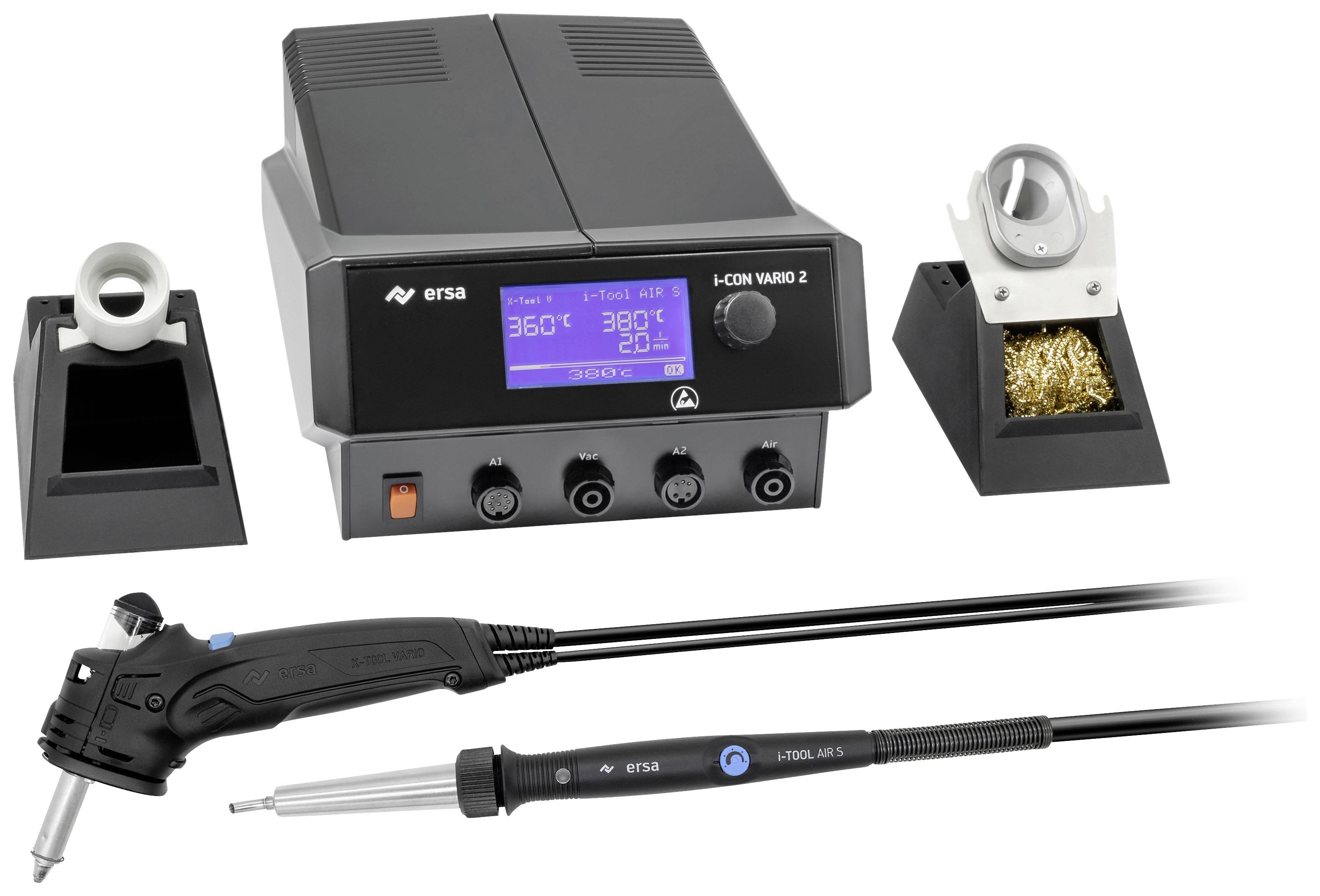 Soldering station with digital display, showing temperature 380°C. Includes soldering iron, iron stand, cleaning stations, and accessories.