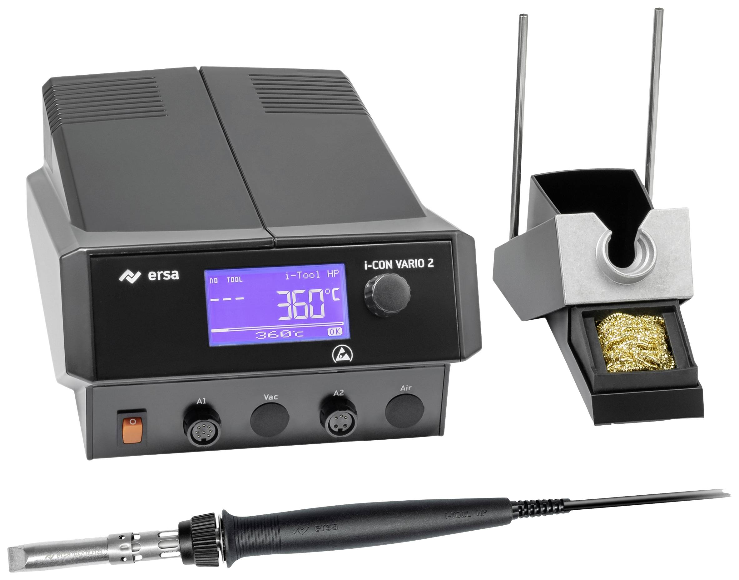 'ERSA i-CON VARIO 2' soldering station with display showing 360°C, main unit, soldering iron and stand with cleaning sponge illustrated.