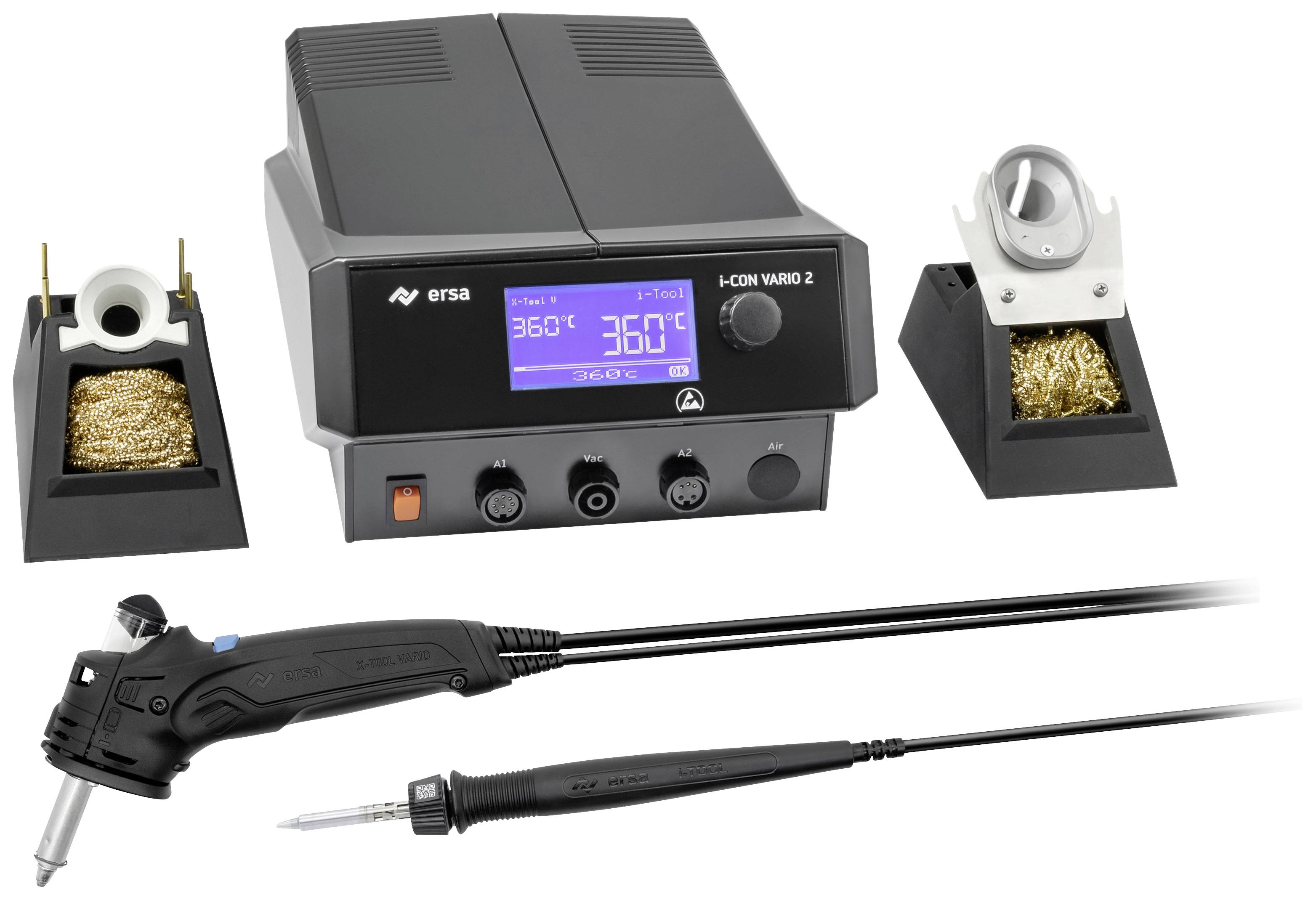 'ERSA LICON VARIO 2' soldering station with two holders and a soldering iron. Display shows 360°C. Suitable for desoldering and soldering in workshops.