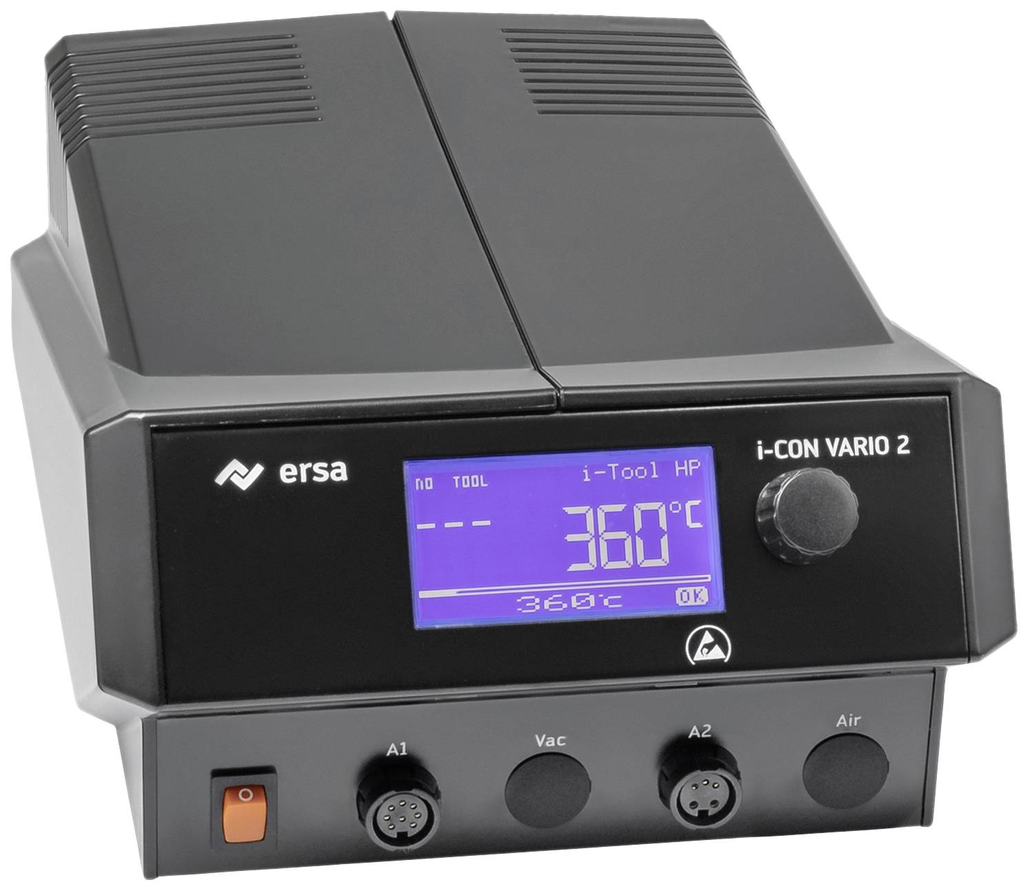 Soldering station with digital display showing '360°C', brand Ersa, model i-CON VARIO 2. Device has control elements for temperature control.