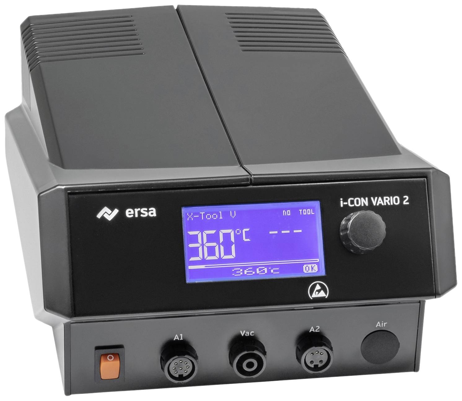 The image shows a black soldering station 'i-CON VARIO 2' by Ersa with a digital display indicating '360°C'. It has three connections.