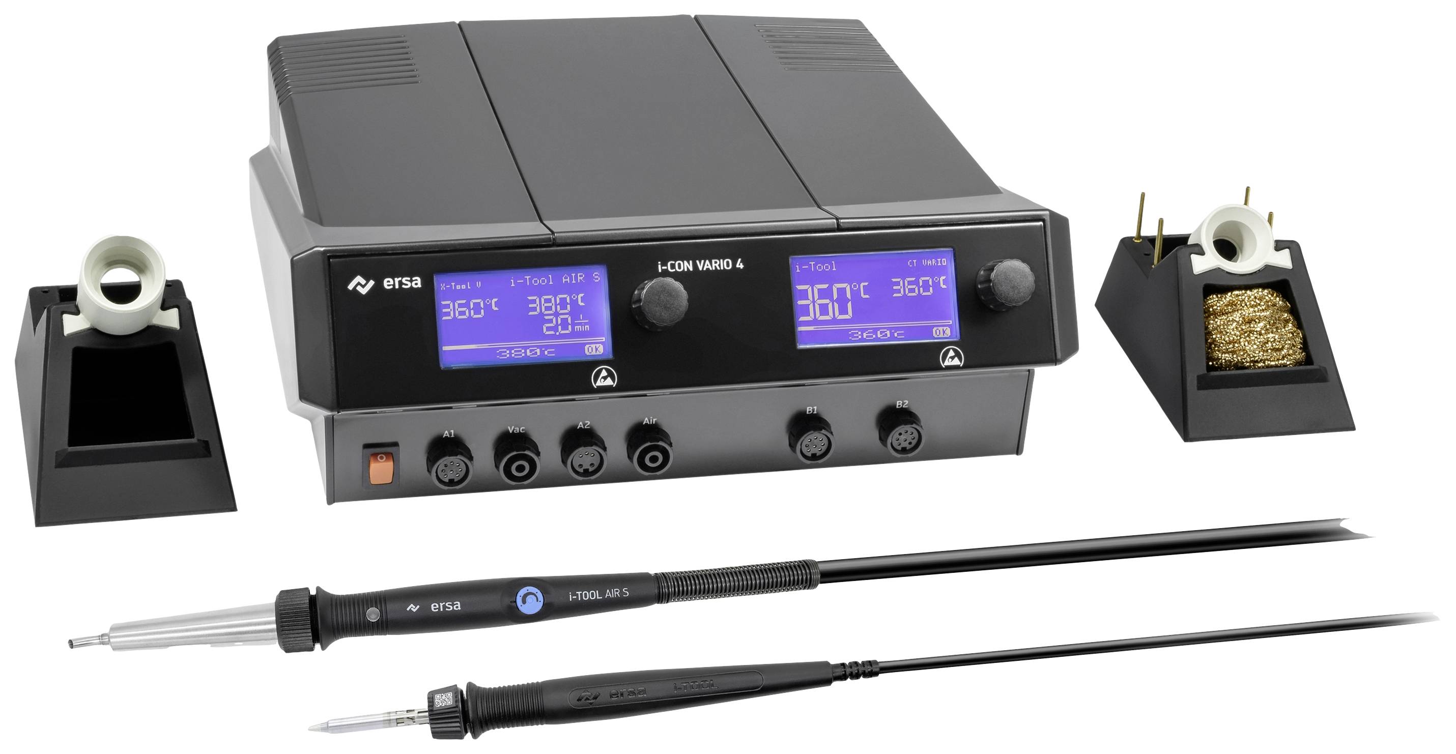 A soldering iron set with two soldering irons, a digital base station with temperature display and two stands; ideal for soldering electronic components.