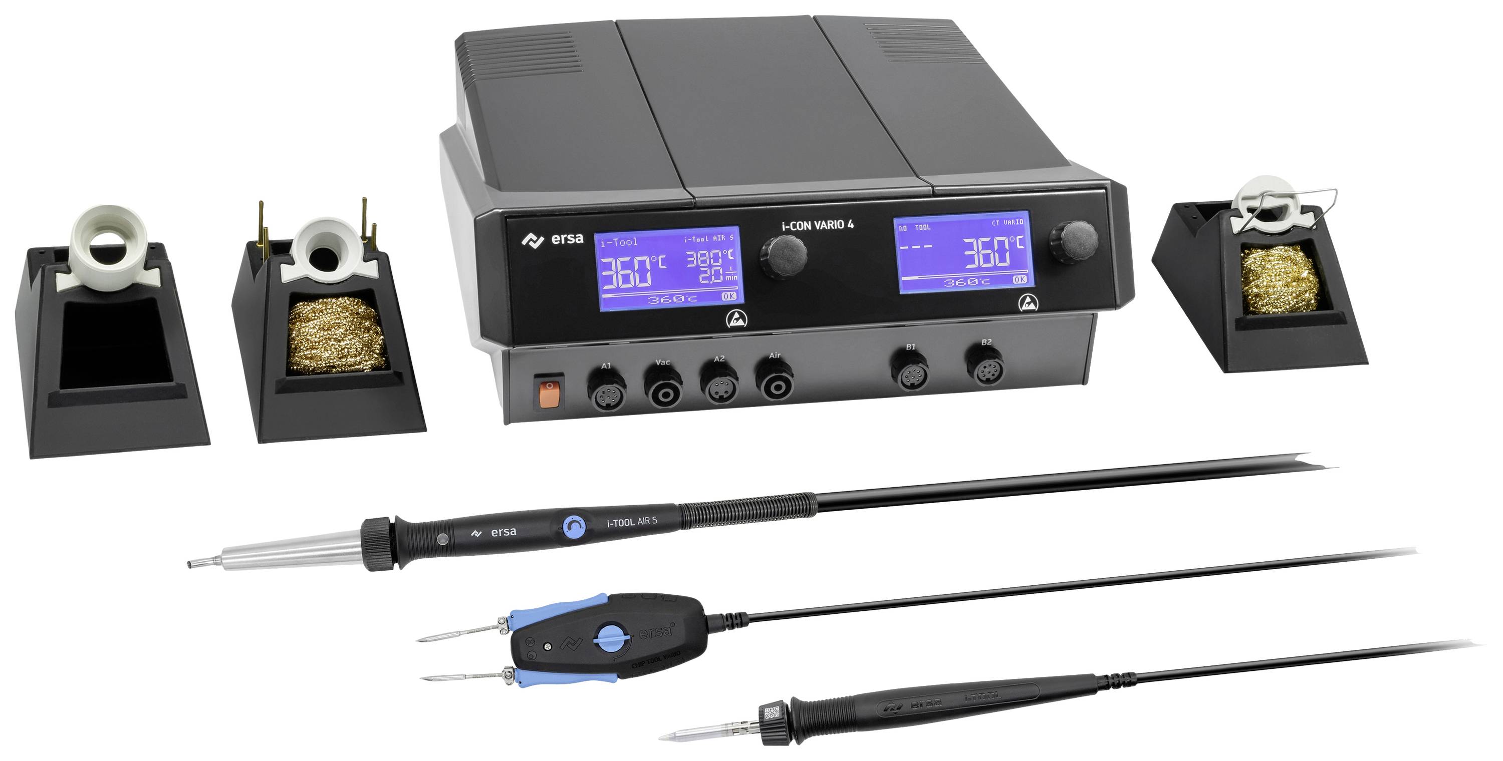 Soldering station with two soldering irons, displays showing temperatures of 360°C. Two soldering iron holders with cleaning sponges integrated.