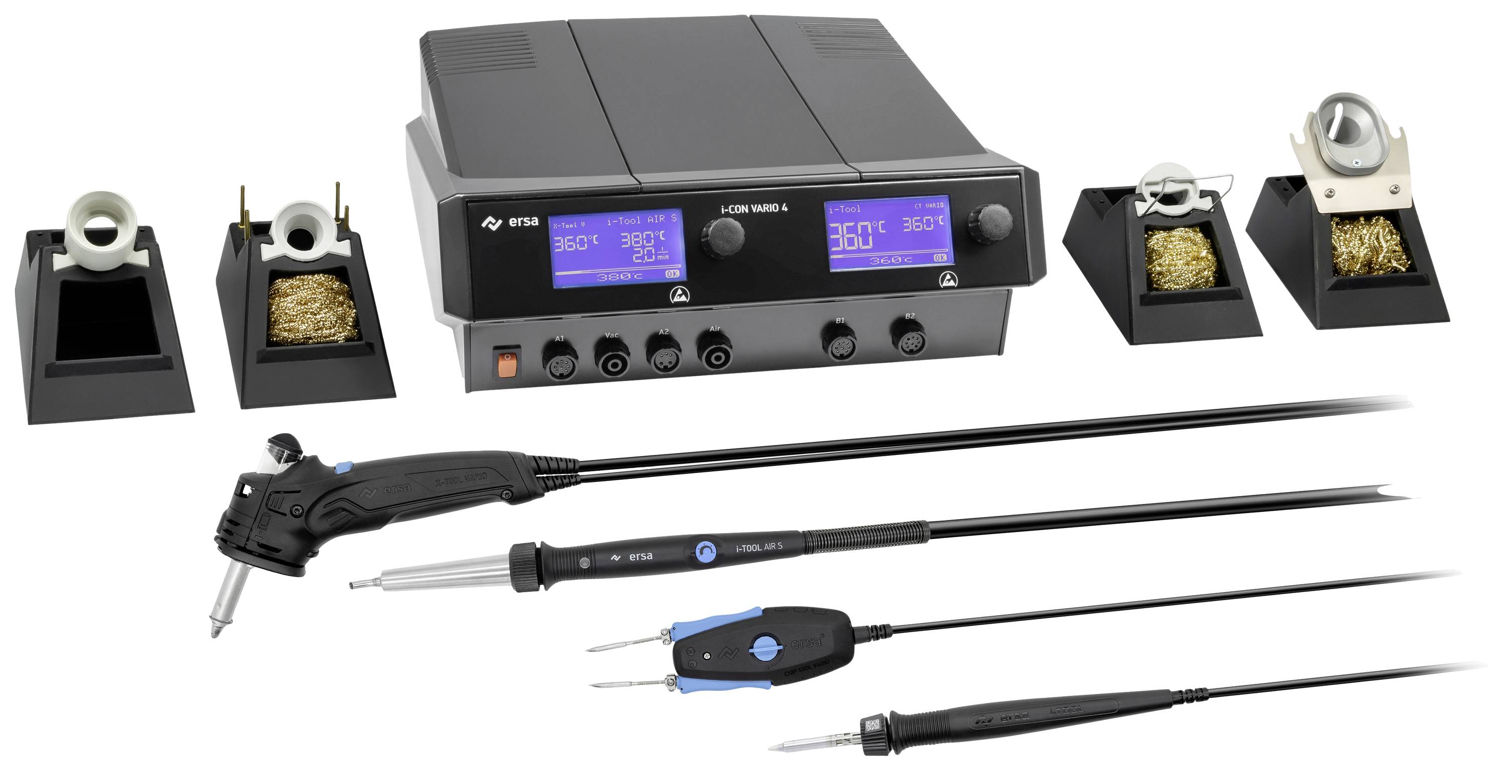 Soldering station with two screens, displaying 360°C on both. Contains four soldering irons with holders and cleaning stations with yellow sponge.