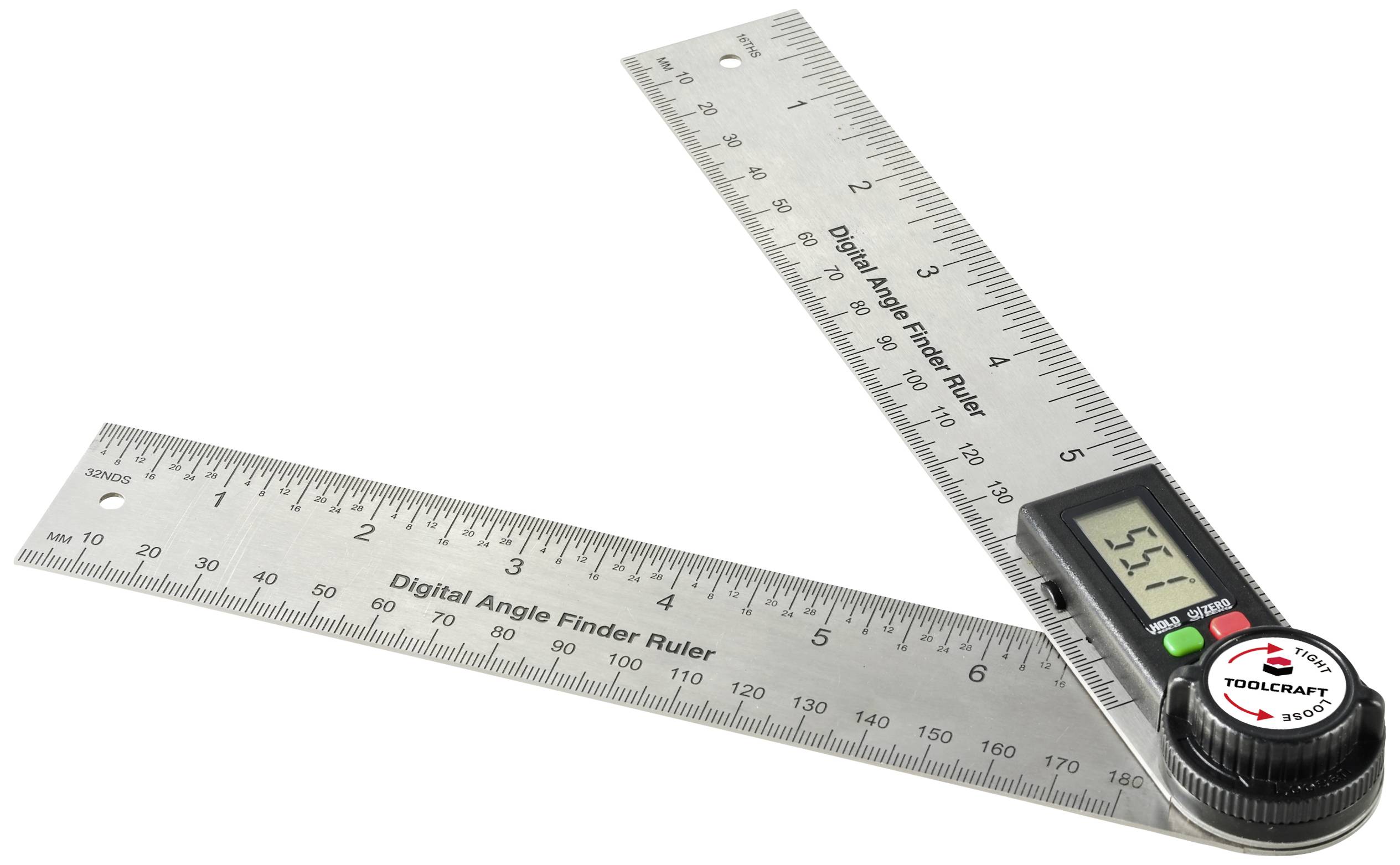 Two metal angle measurers with clear inch and centimetre scales, digital display screen, and adjustment wheel.