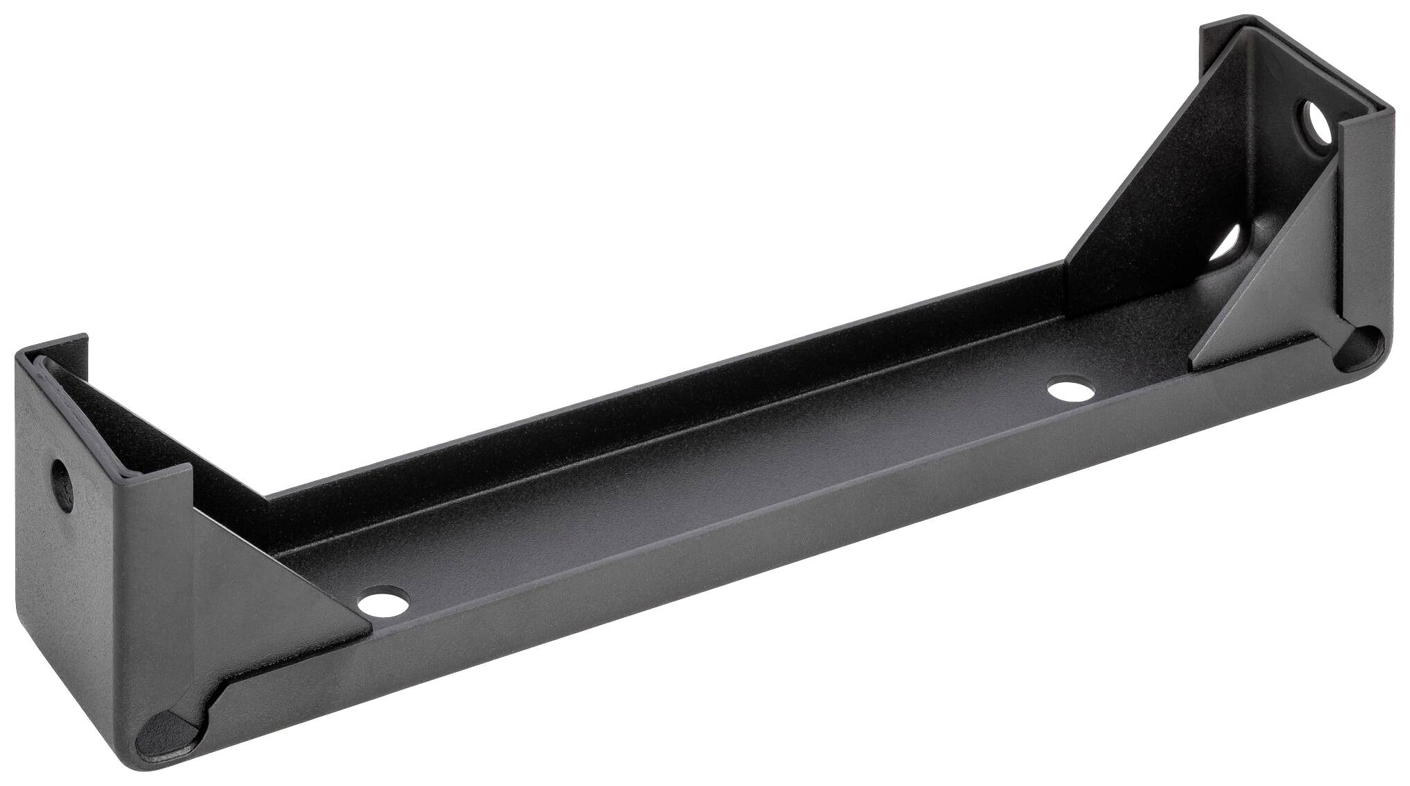 Black, rectangular metal bracket with holes for wall mounting, used for securely fixing objects.